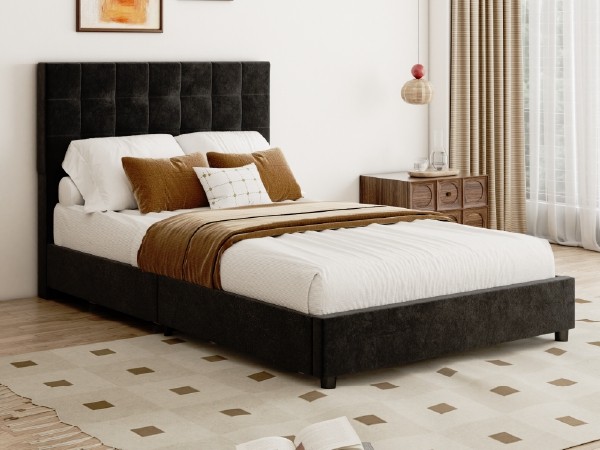Modern Black Bed Frame Full Platform Bed 4 Storage Drawers Bedroom Furniture