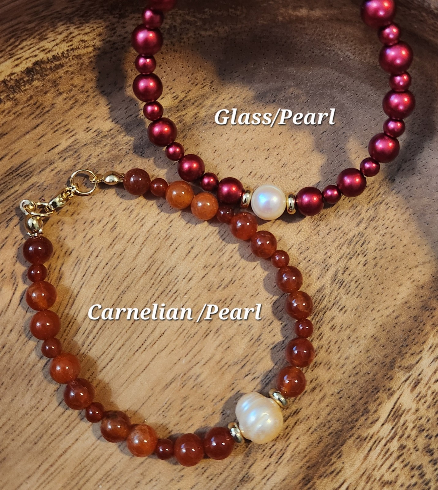 Handmade Artisan Coated Red Glass Natural Pearl Bracelet #2810
