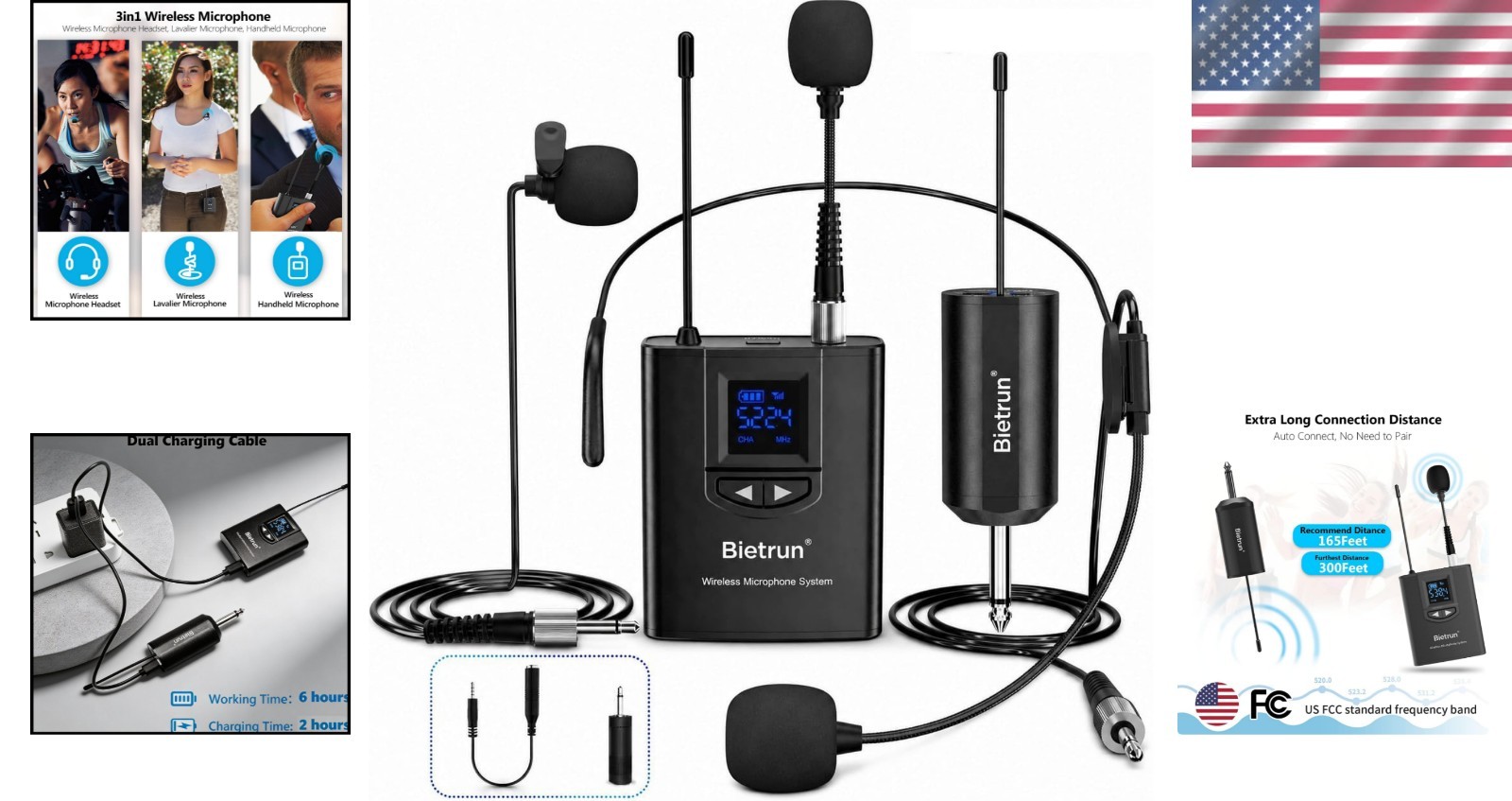 UHF Wireless Lavalier Mic System with 165ft Range & Rechargeable Transmitter