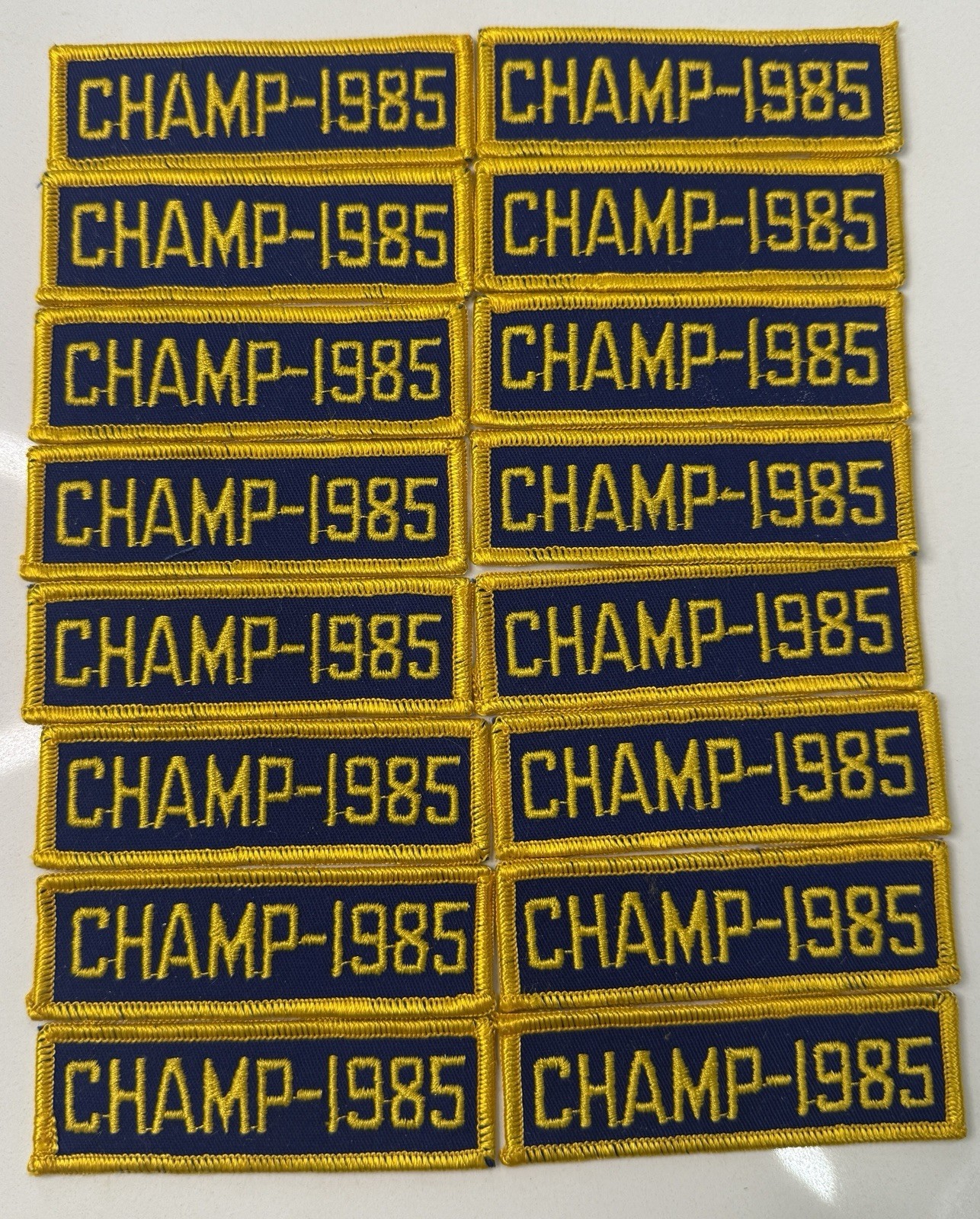 Lot of (16) NOS CHAMP-1985 Patches – 4”x1.25” Blue & Gold Vintage Soccer PA