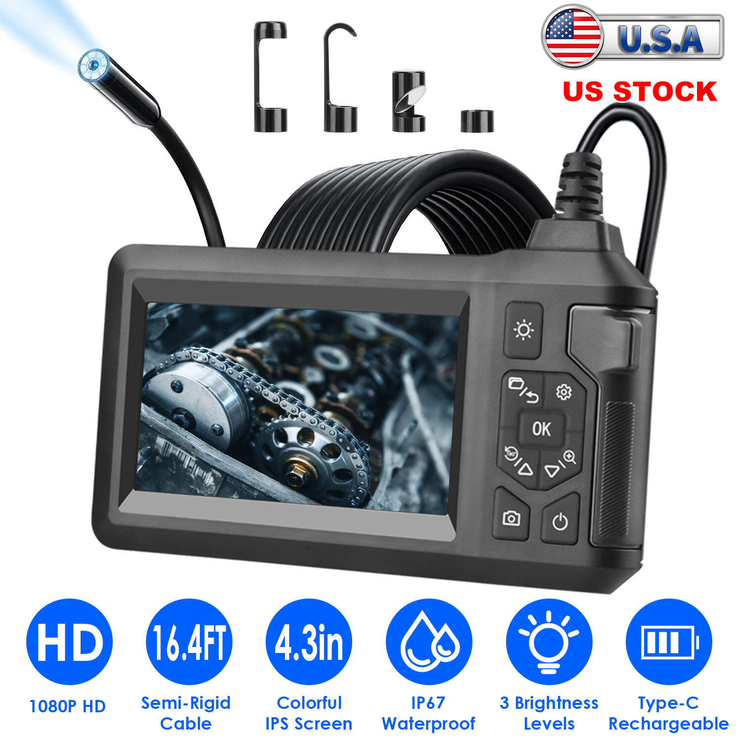 1080P Industrial Adjustable Endoscope Camera with 8 LED Lights Inspection Camera
