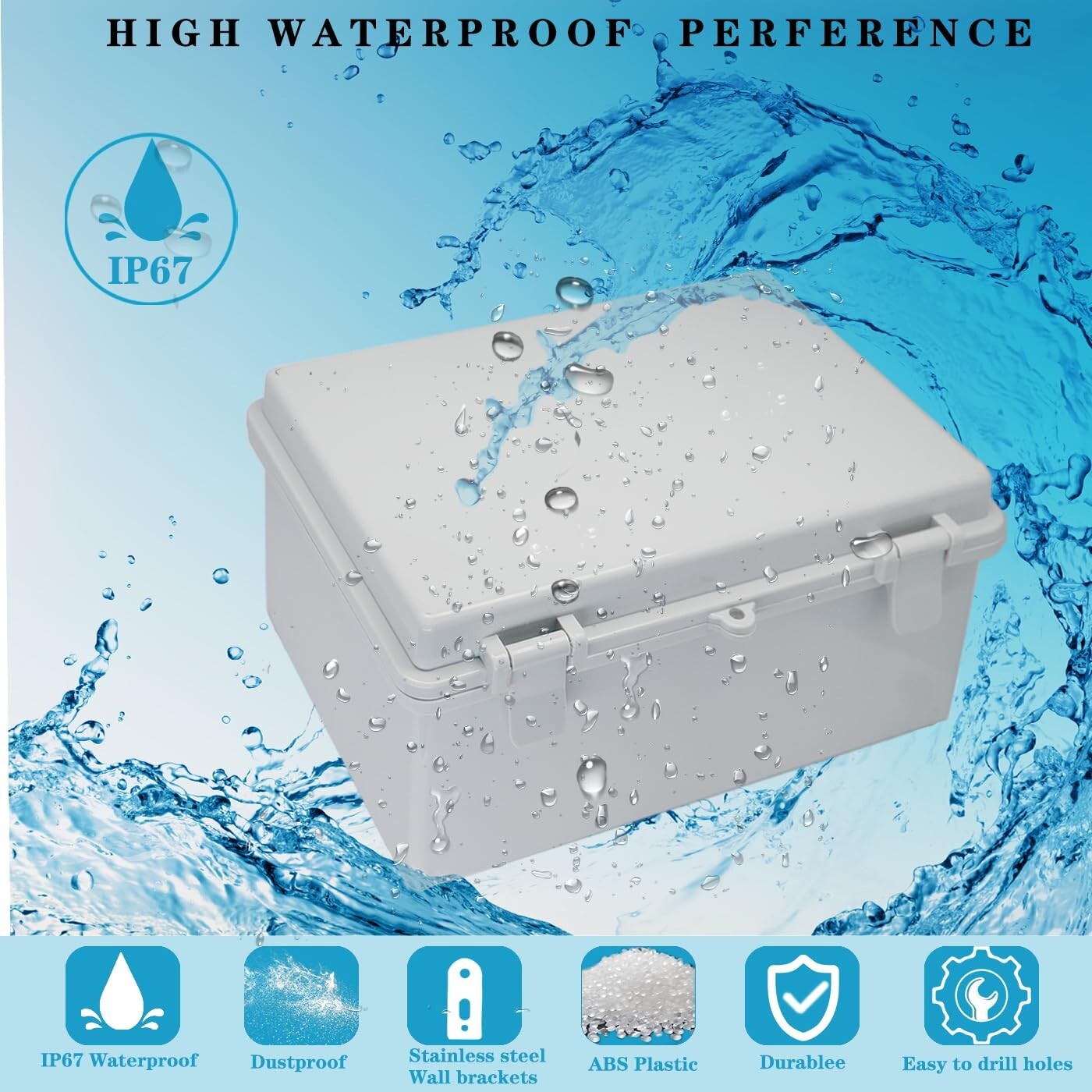 IP67 Waterproof Electrical Junction Box, ABS, Wall Bracket 2Cable Glands, Grey