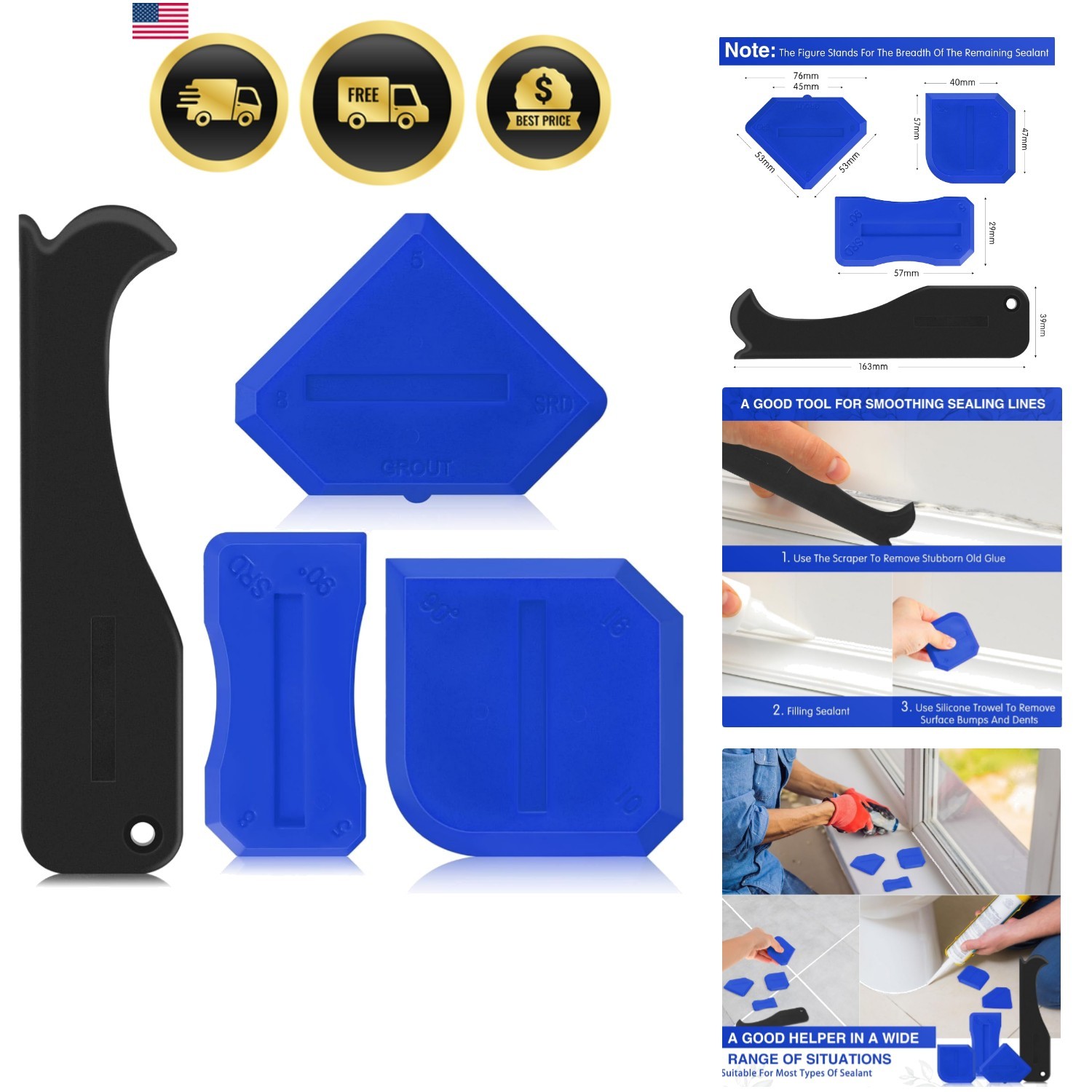 4 Pieces Silicone Set Sealant Finishing Grout Scraper Caulking Removal Tool f...