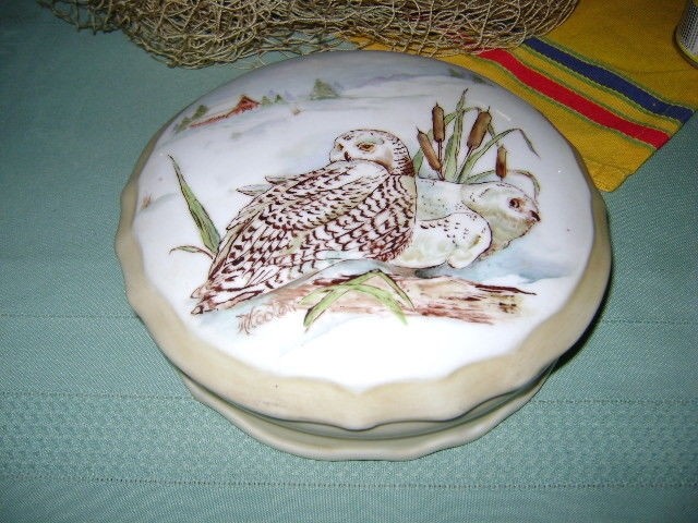 Round Porcelain Powder Trinket Box Hand painted by Wooten Snow Owls Beautiful