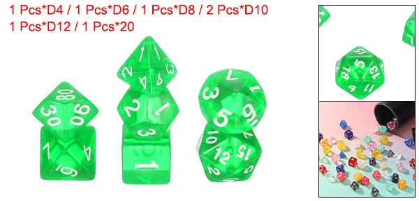 7Pcs Polyhedral Dice for Role Playing Games Transparent Green