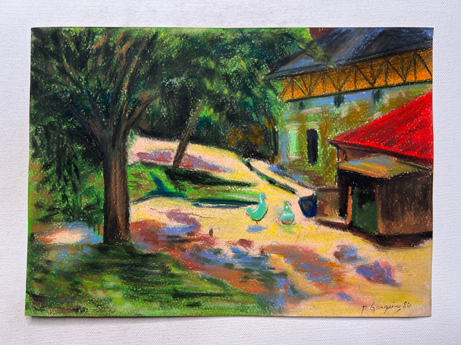 Paul Gauguin (Handmade) Oil Drawing On old Paper Signed & Stamped, Vtg Art