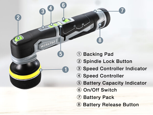 WORKPRO 12V Cordless Mini Buffer Polisher Kit 600-3000RPM 5 Variable Speed w/Bag