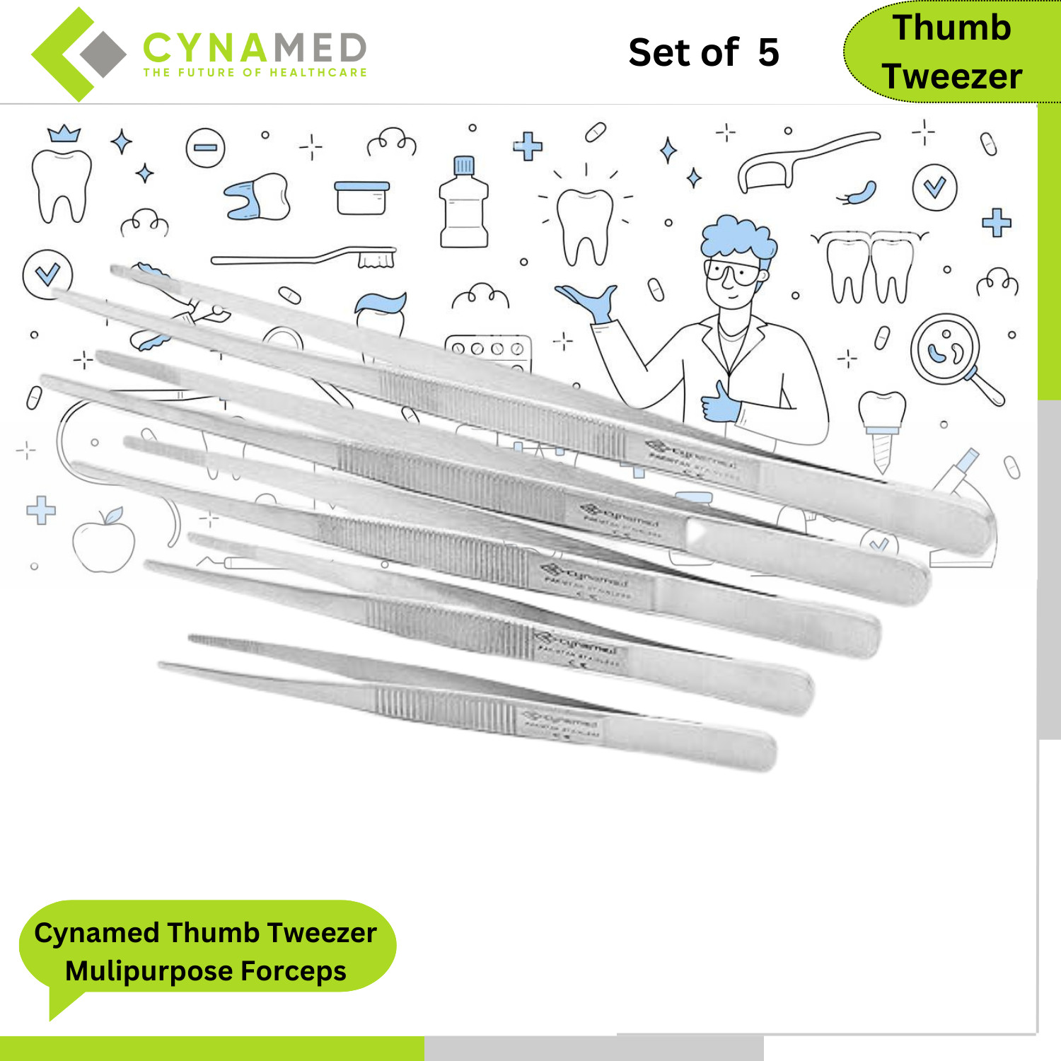 Cynamed Thumb Tweezer Mulipurpose Forceps Blunt Serrated Tips 5 to 12in Set of 5