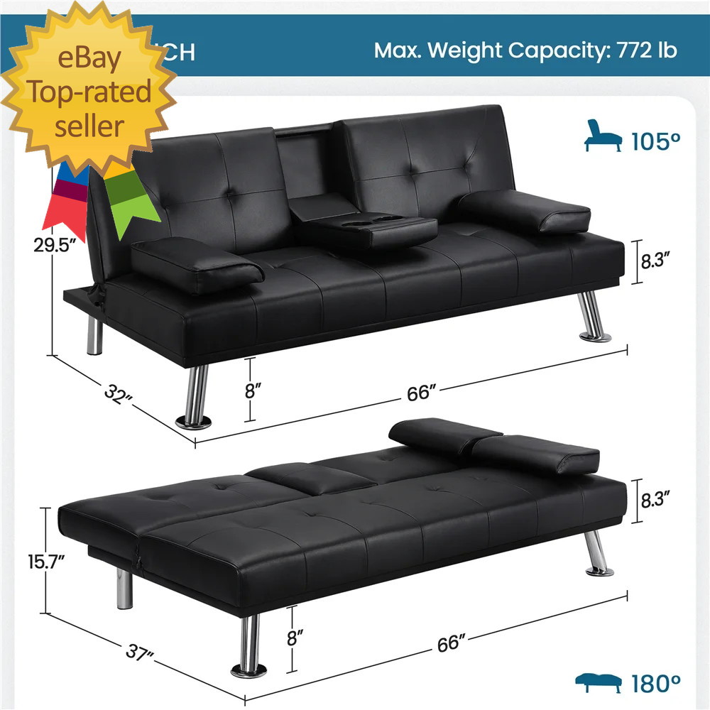 Luxurygoods Modern Faux Leather Futon with Cupholders and Pillows, Black