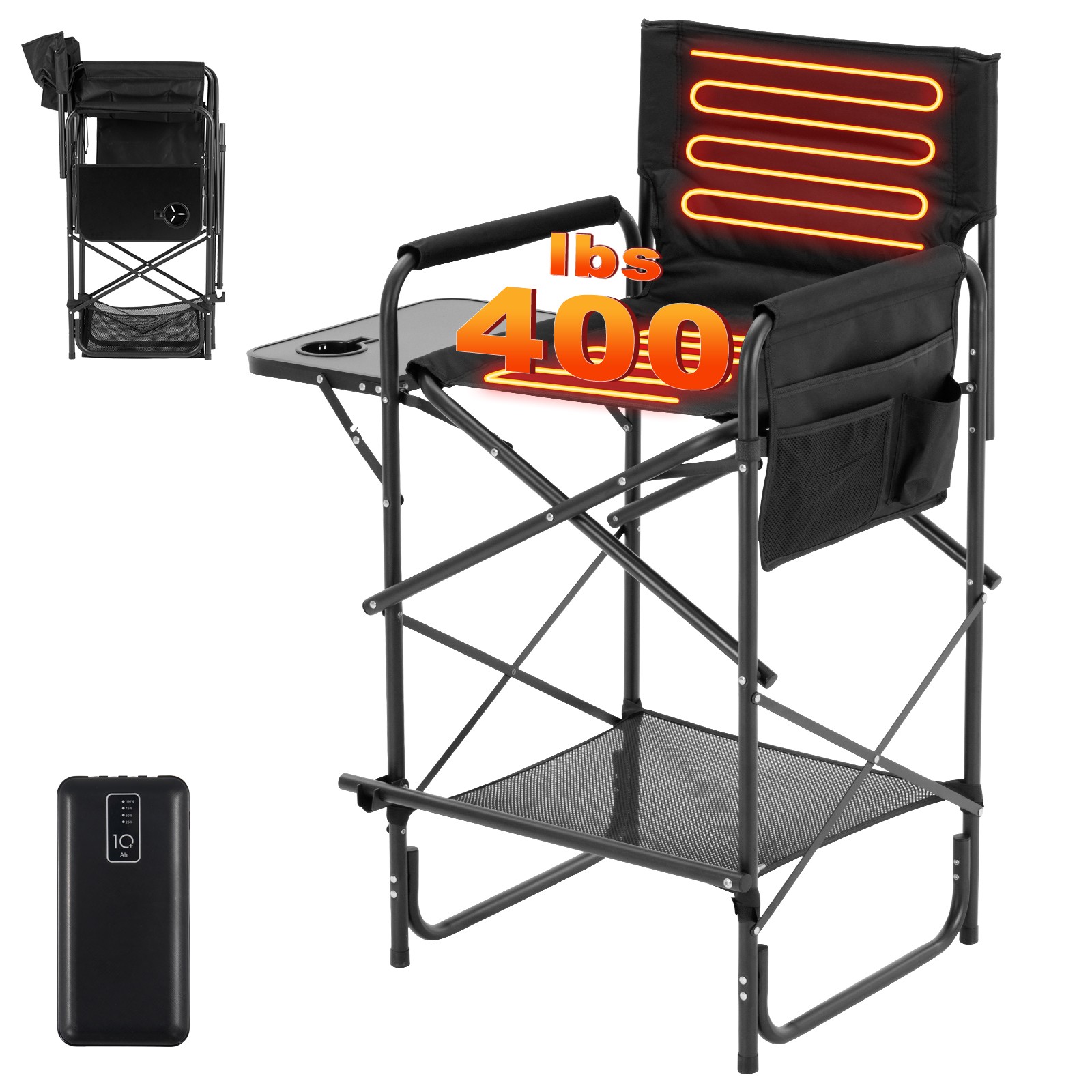 Heated Directors Chair - 3 Temperature Levels & Tall Camping Design