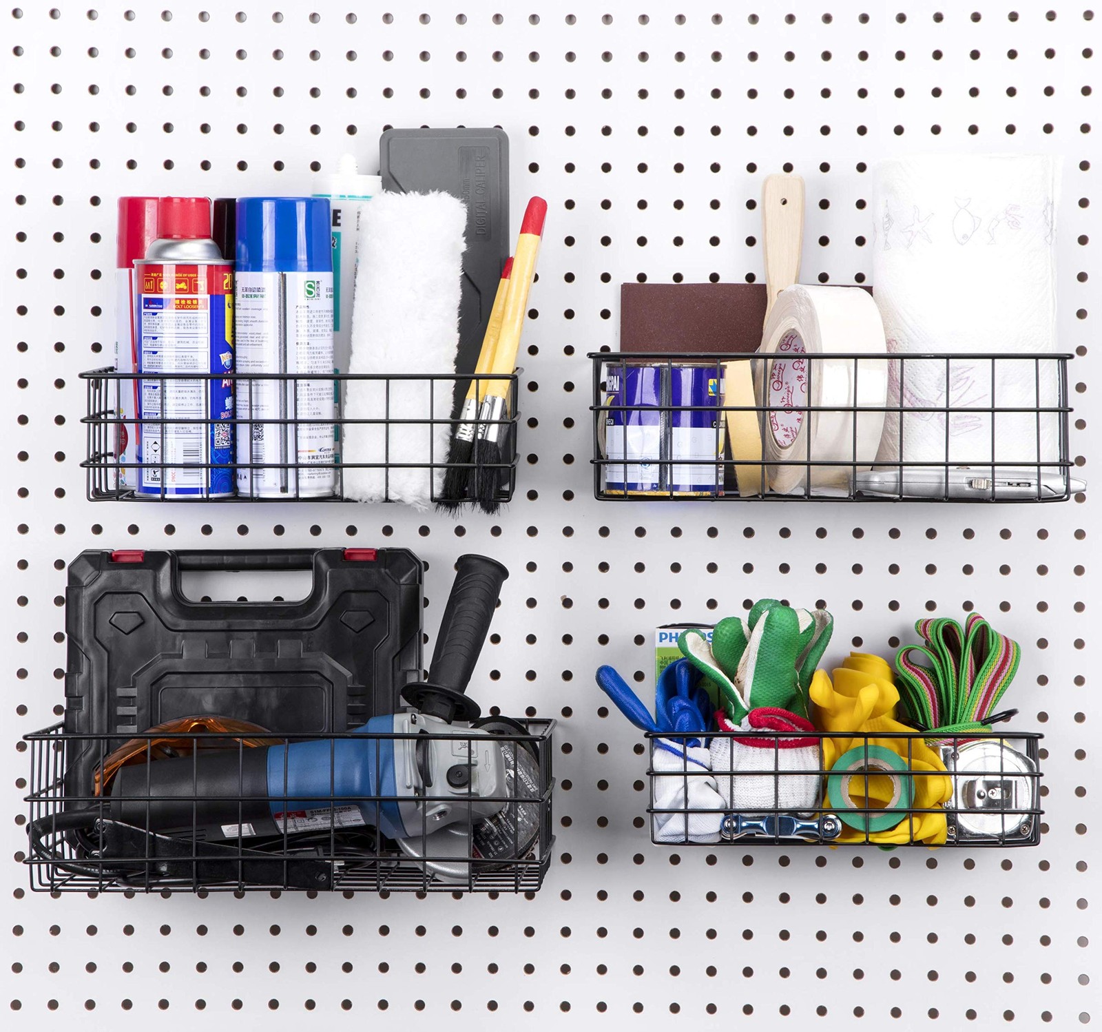 Pegboard Baskets Black Wire Shelf Square Style Garage Wall Organizer 4 PCS