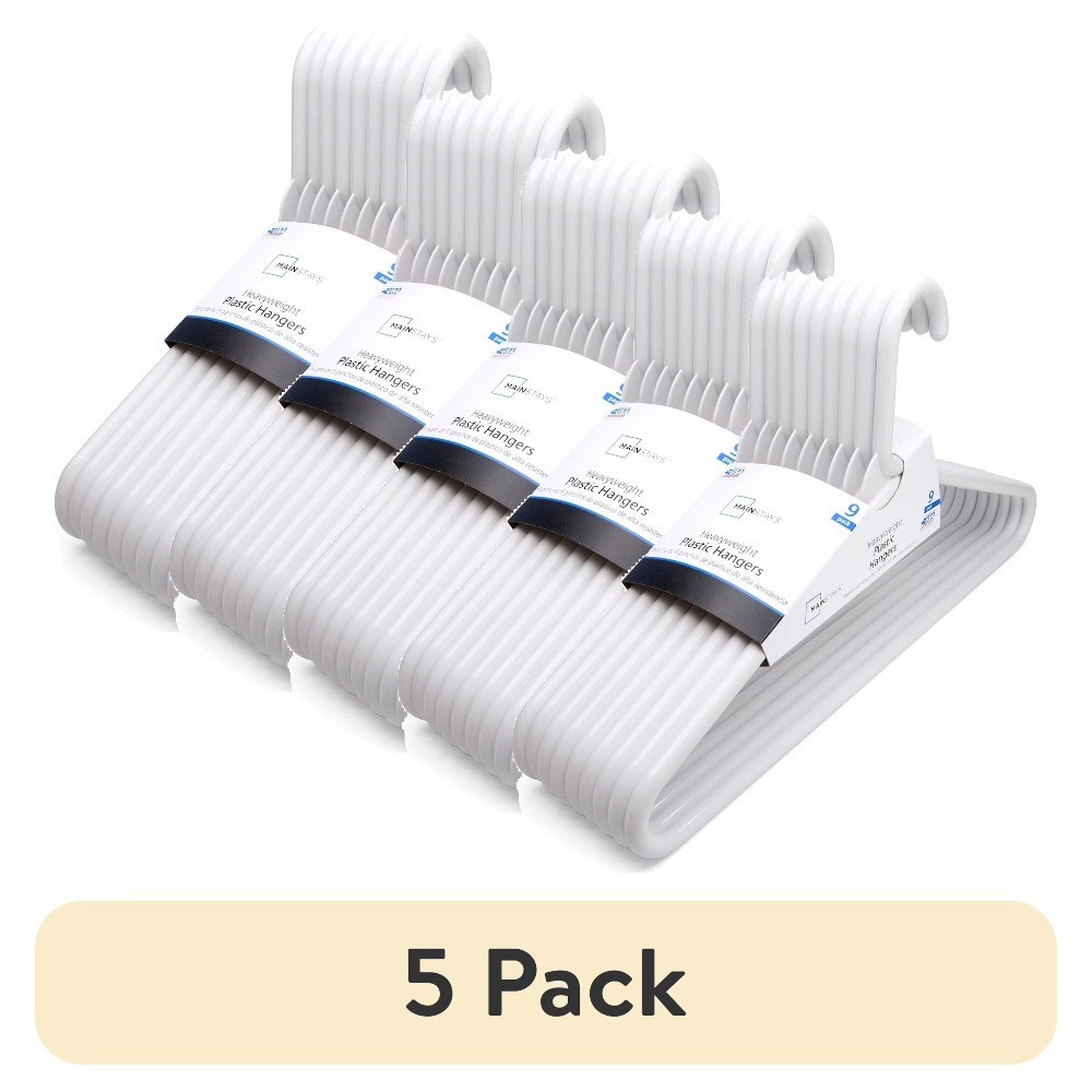 (5 pack) White Heavyweight Plastic Clothes Hangers, 9-Count - Strong Support