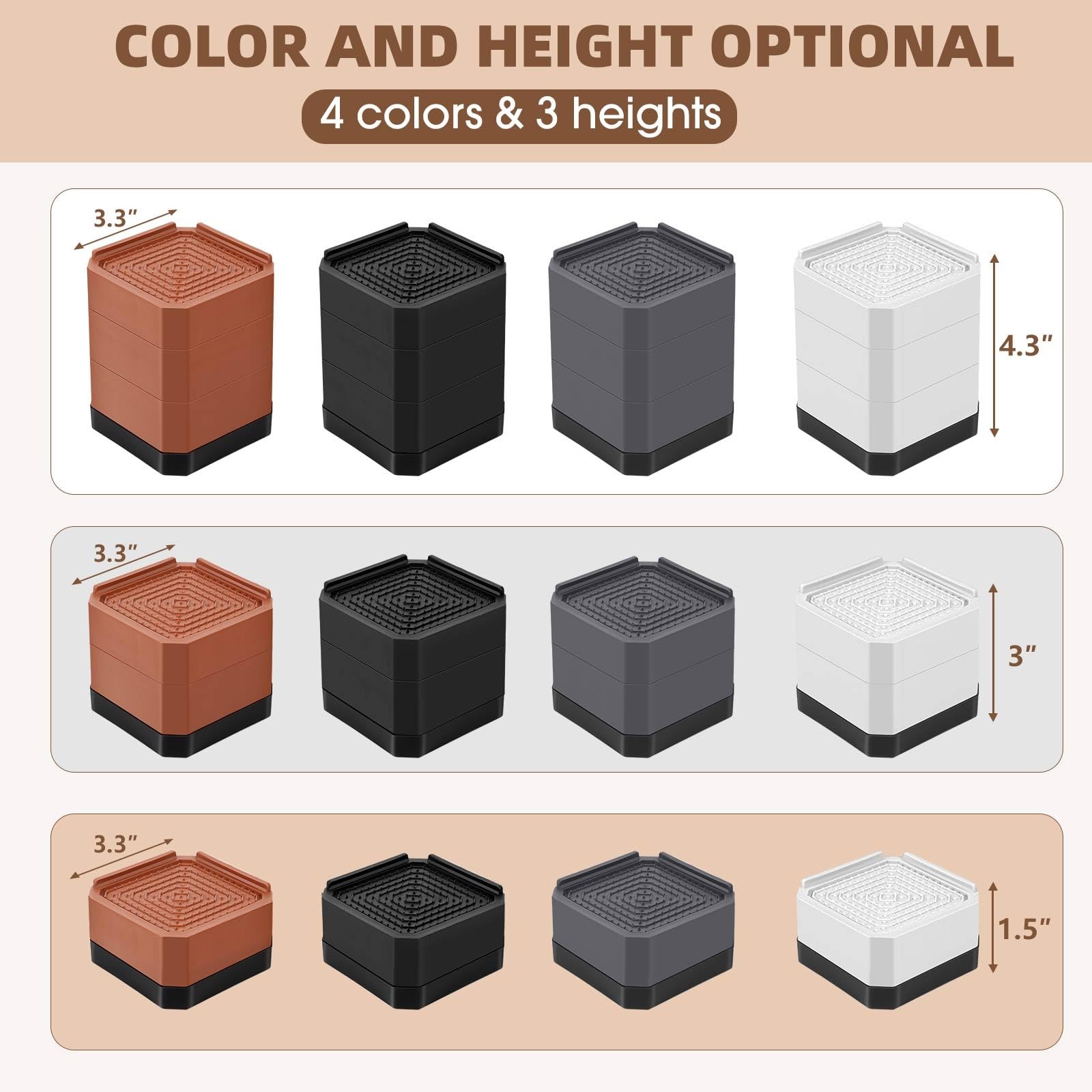 Furniture Risers Bed Risers Rectangular Adjustable Block Brown 3 Inch