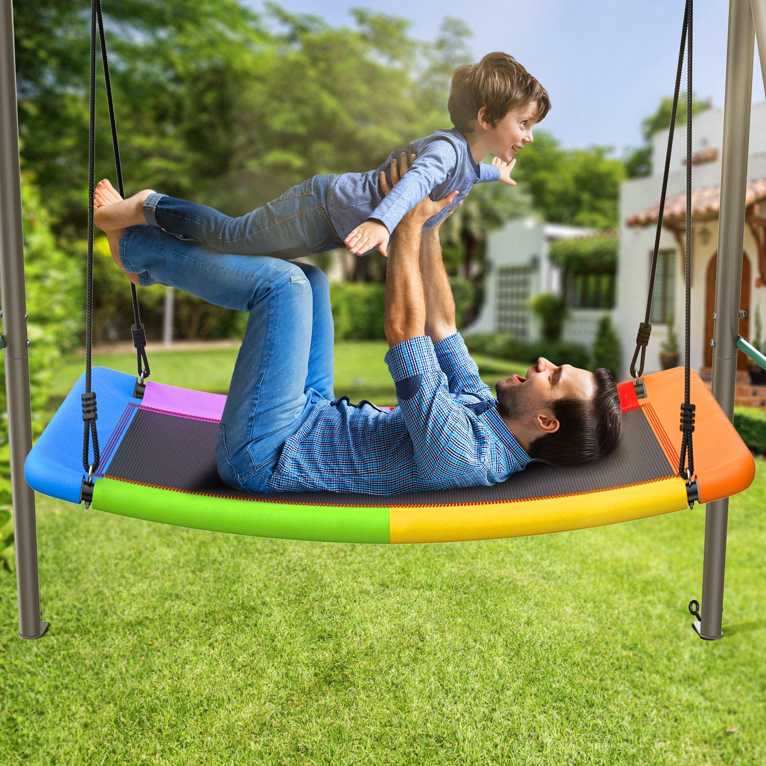 Trekassy Heavy Duty A-Frame Metal Swing Set for Backyard with 60" Rainbow Swing
