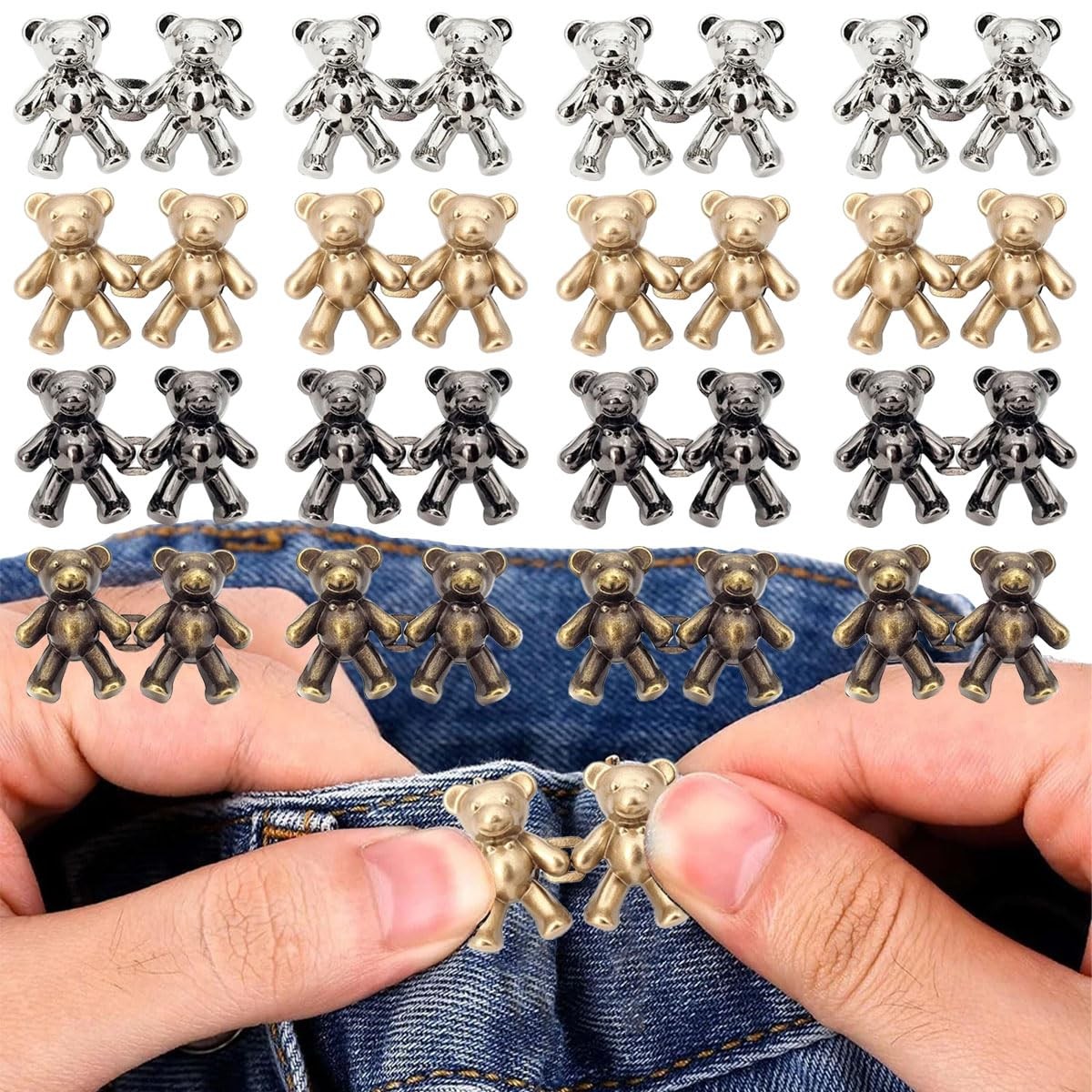 20 Sets Cute Bear Button Pins for Jeans，No Sew and Adjustable 42mm, golden
