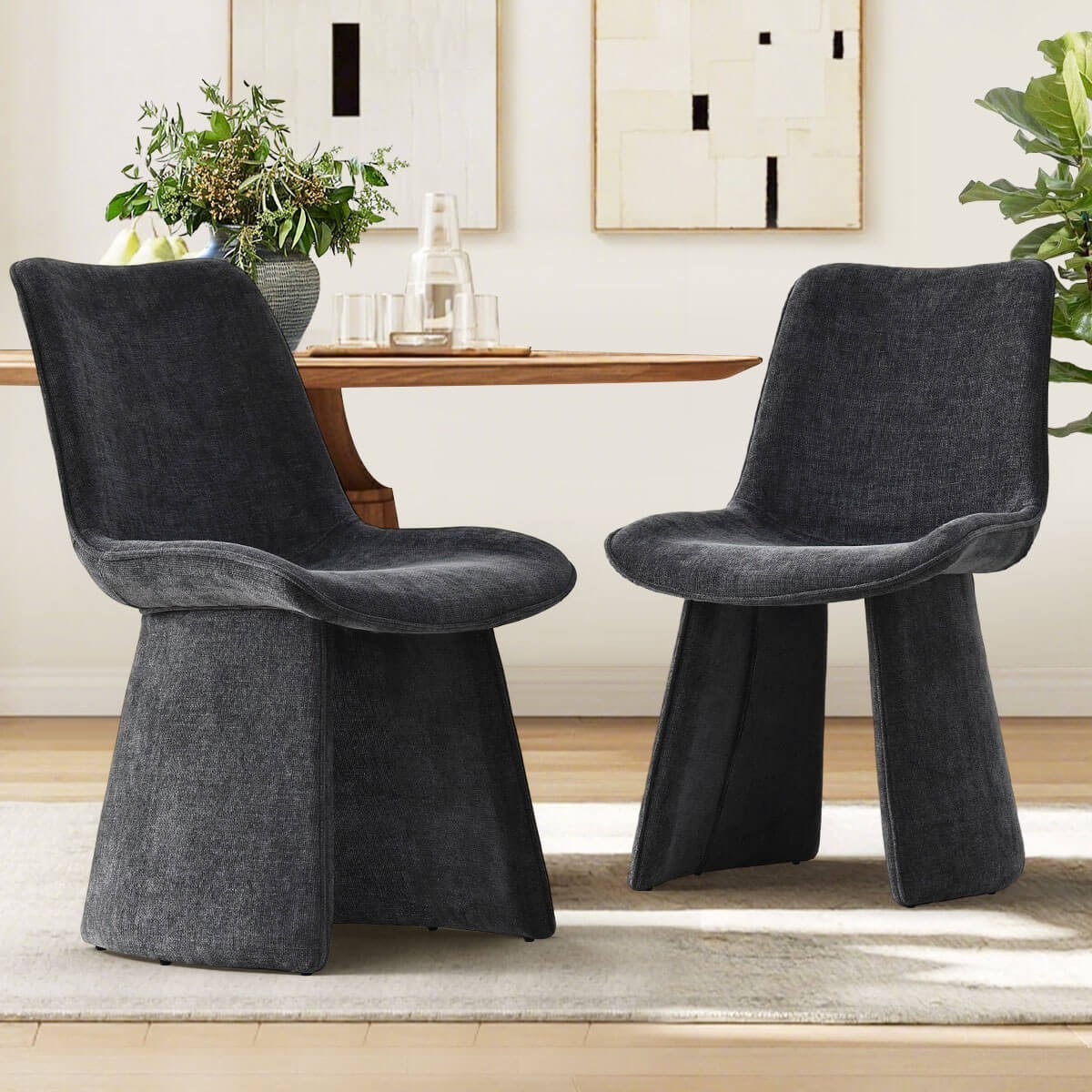 Set of 4 Black Modern Upholstered Dining Chair Chenille Fabric Accent Chair