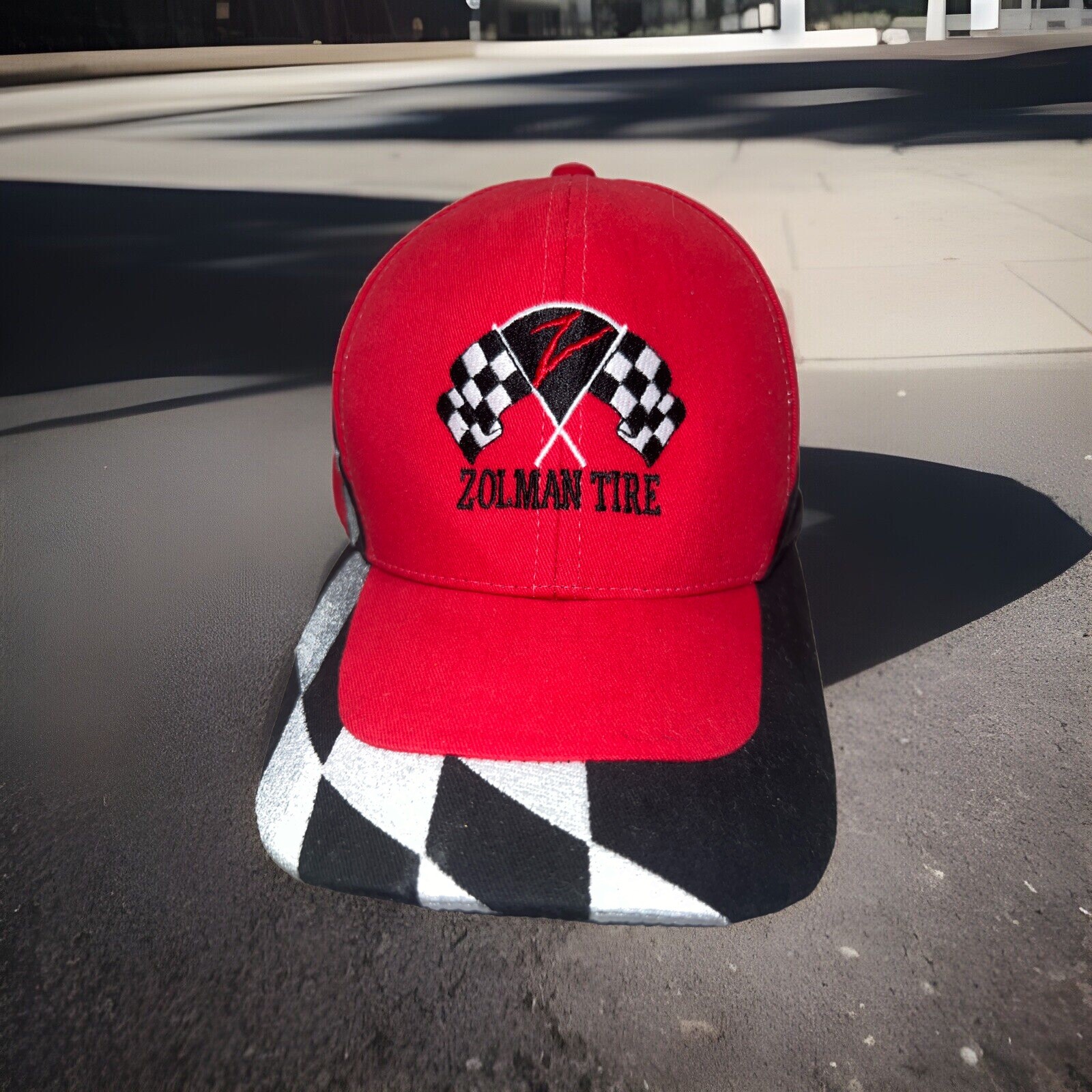 Zolman Tire Checkered Flags & Bill Accents Red Black Hat Cap Hook Loop EUC