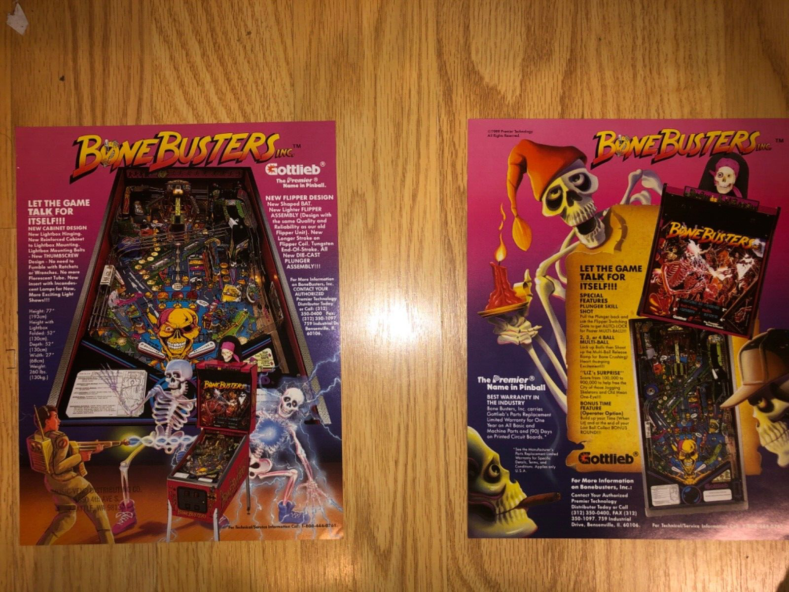 Lot of 2 - Gottlieb BONE BUSTERS - ORIGINAL PINBALL FLYERS - 1989