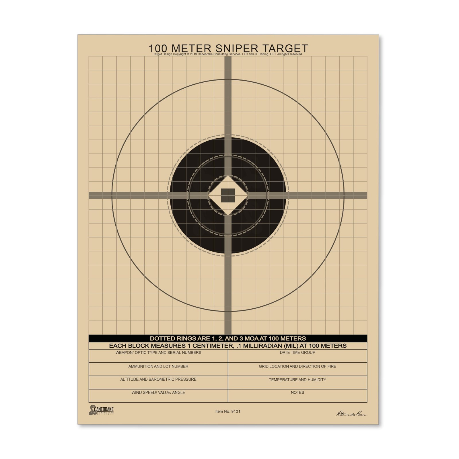 Rite in the Rain 100 Meter Sniper Target, 8.5” x 11”, Tan, 8.5 x 11, Tan