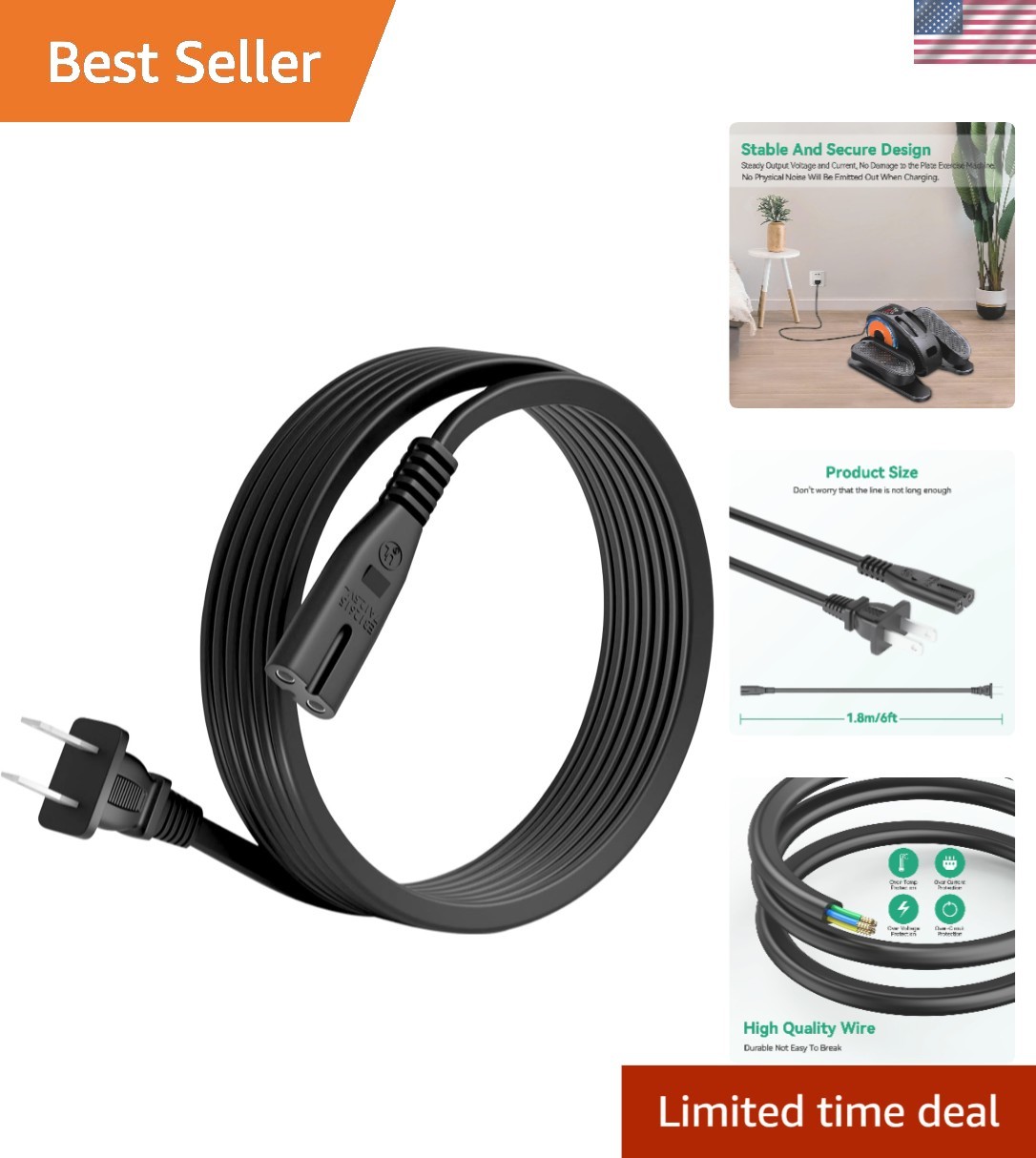 Extra-Long 6FT AC Power Cord - Pure Copper for ANCHEER Under Desk Ellipticals