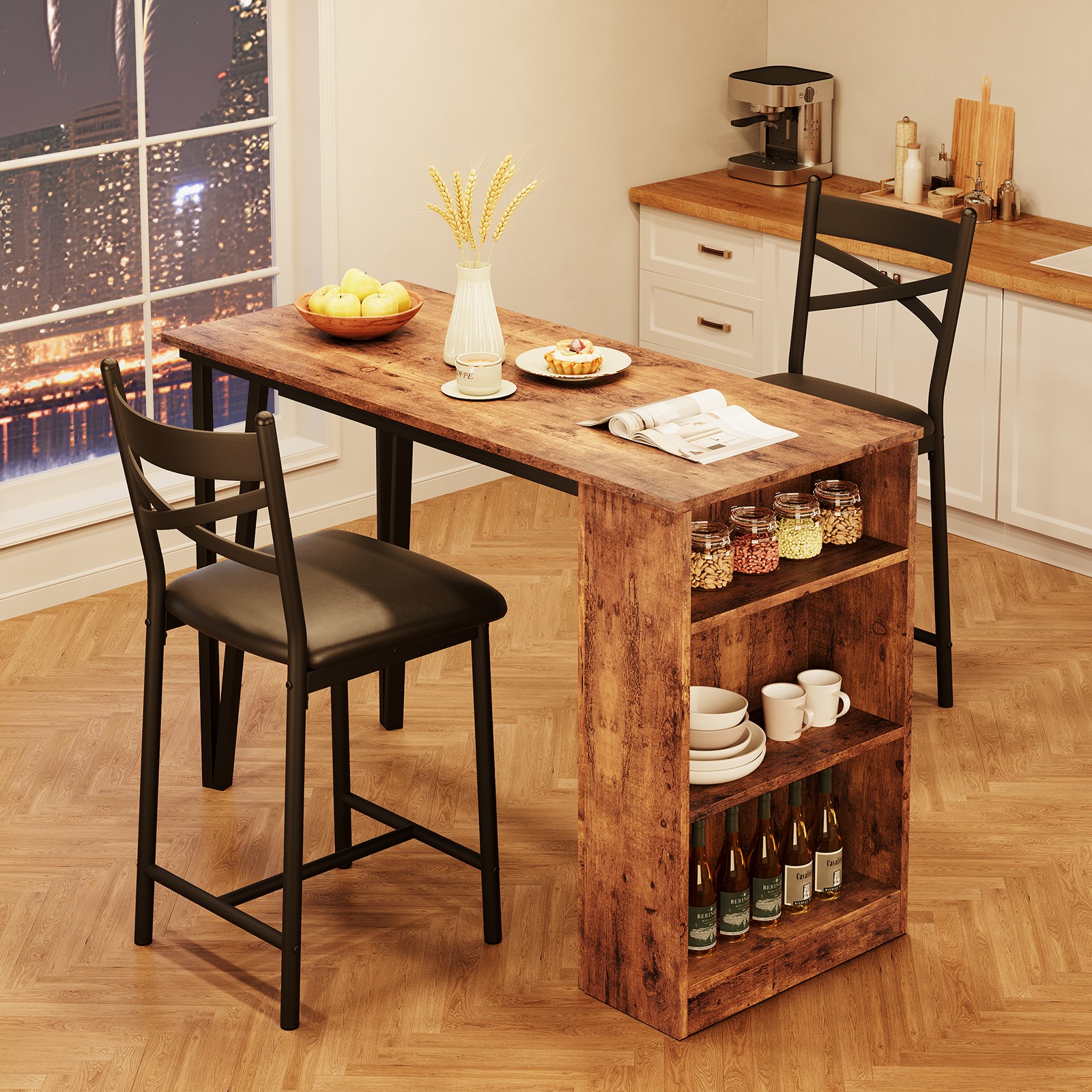 3-Piece Dining Table Set w/Storage Shelves Table and 2 Chairs for Dining Room