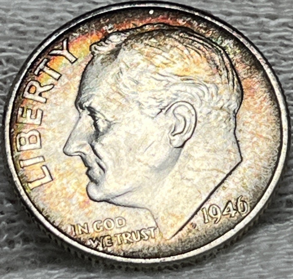 1946 Roosevelt Silver Dime Rainbow Toning Uncirculated #3