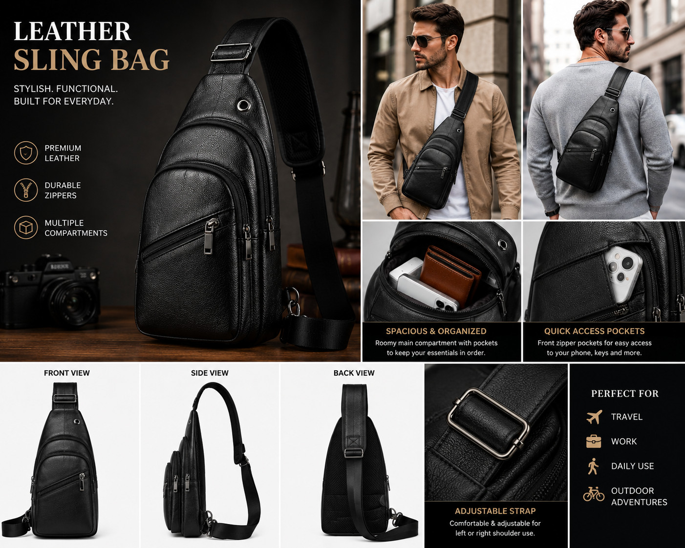 Lunaportex Black Men's Crossbody Sling Bag USB Charging Port Compartments