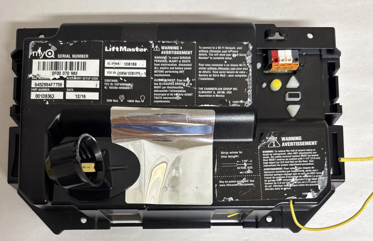 001D8363 Liftmaster Garage Circuit Board myQ Yellow Learn Button 014D1298