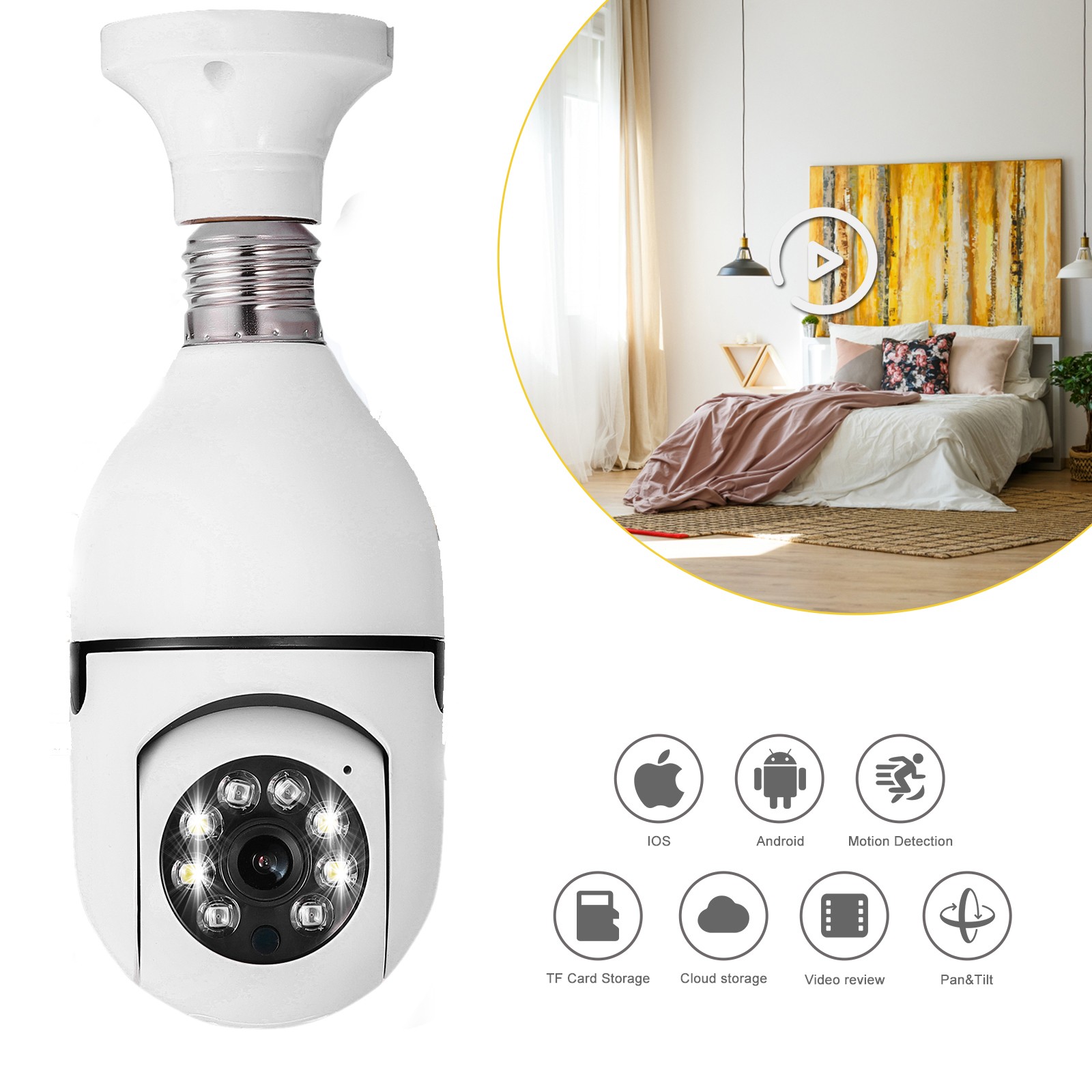 360° 1080P IP E27 Light Bulb Camera Wi-Fi IR Night Smart Home Wireless Security
