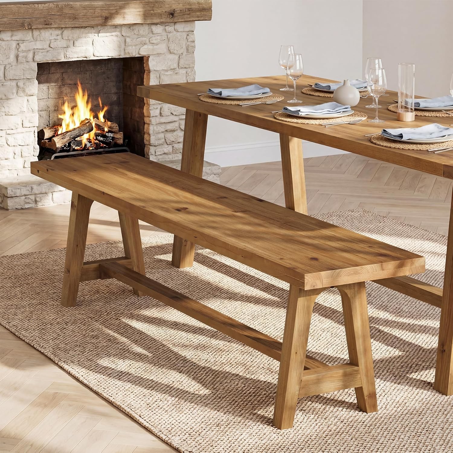 Solid Wood Dining Bench, 63 Inch Long Farmhouse Kitchen Bench for Dining Room