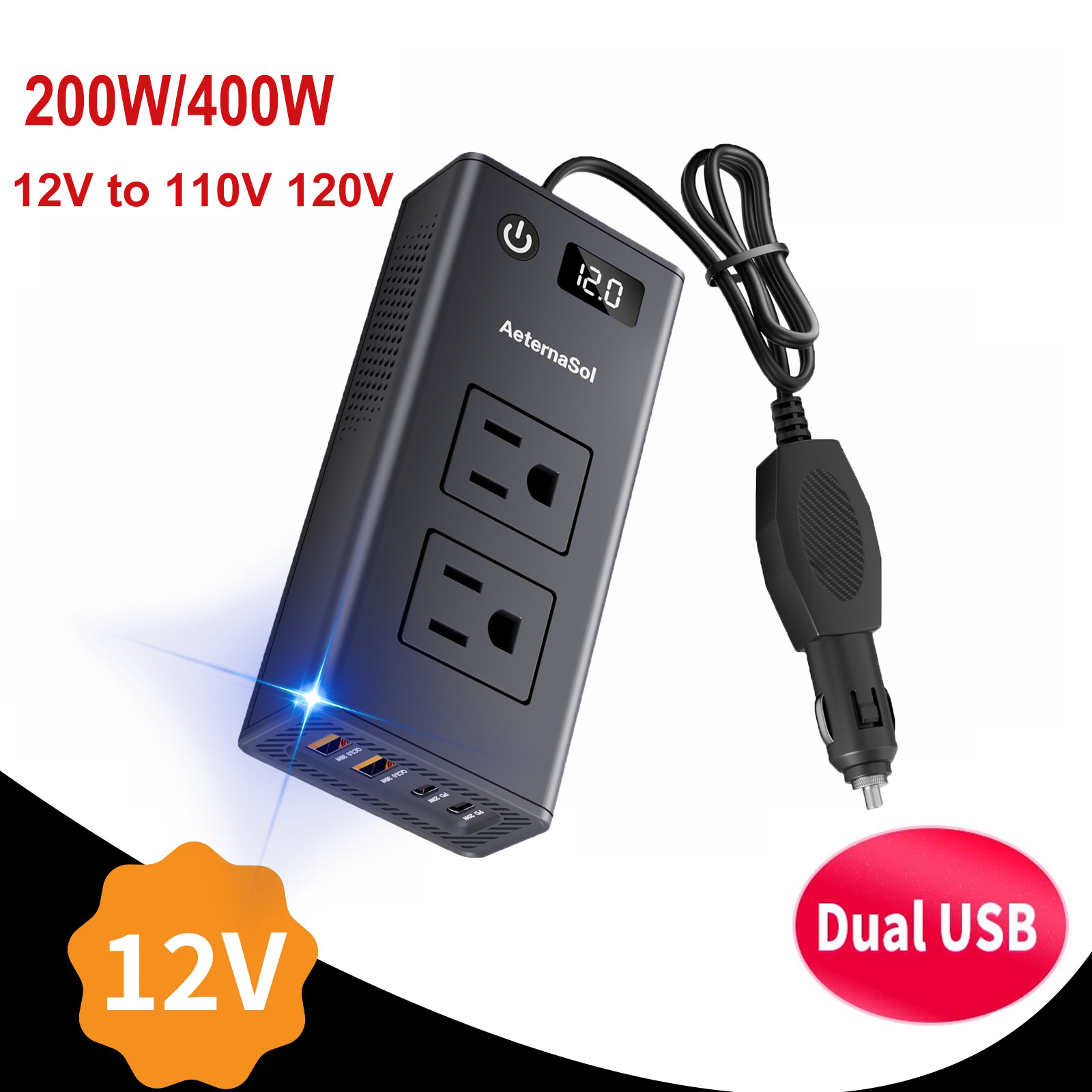 200W Power Inverter DC 12V to 110V AC Car Plug Adapter Outlet Converter for Car