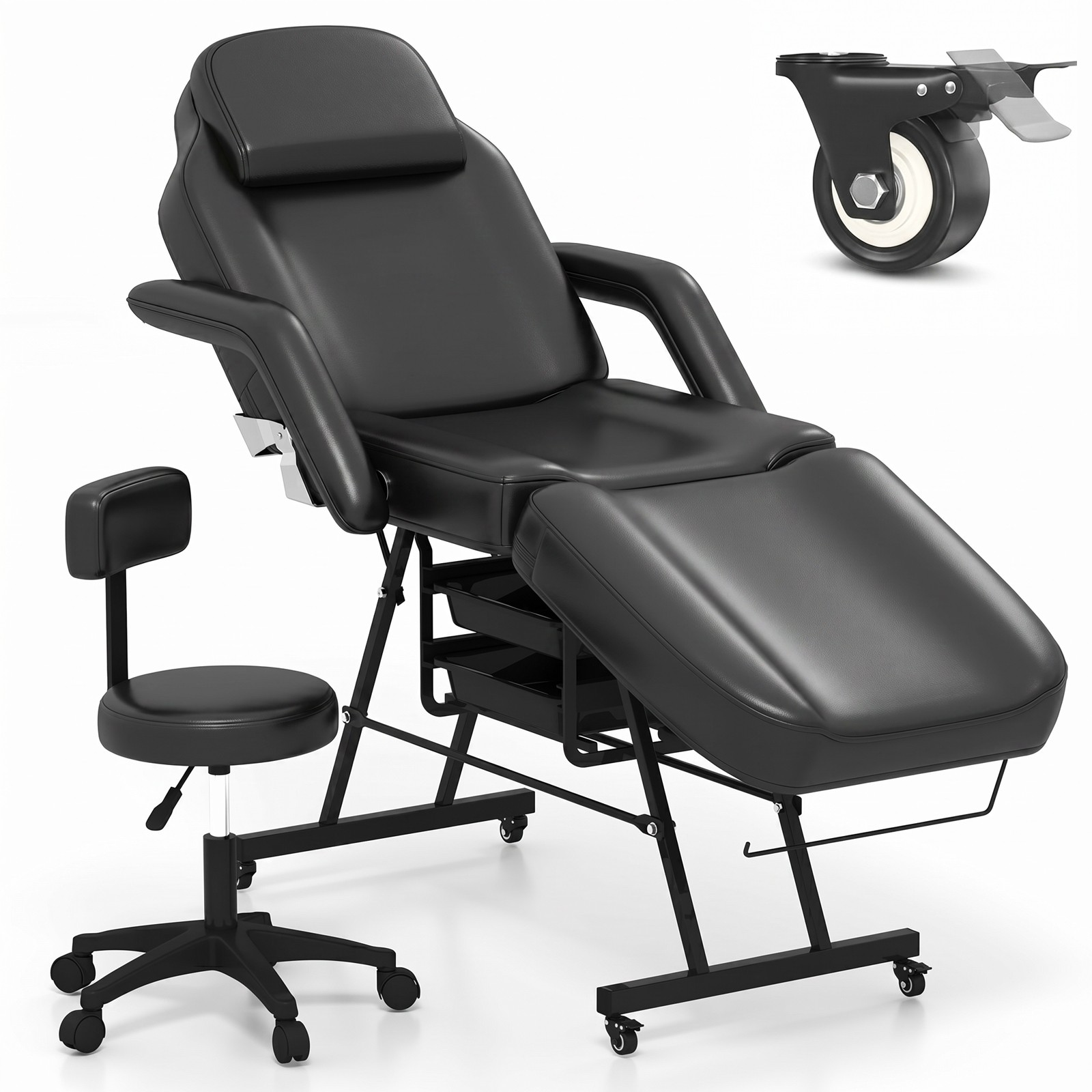 Black Massage Table Facial Bed with Stool Set Beauty Spa Salon Tattoo Treatment