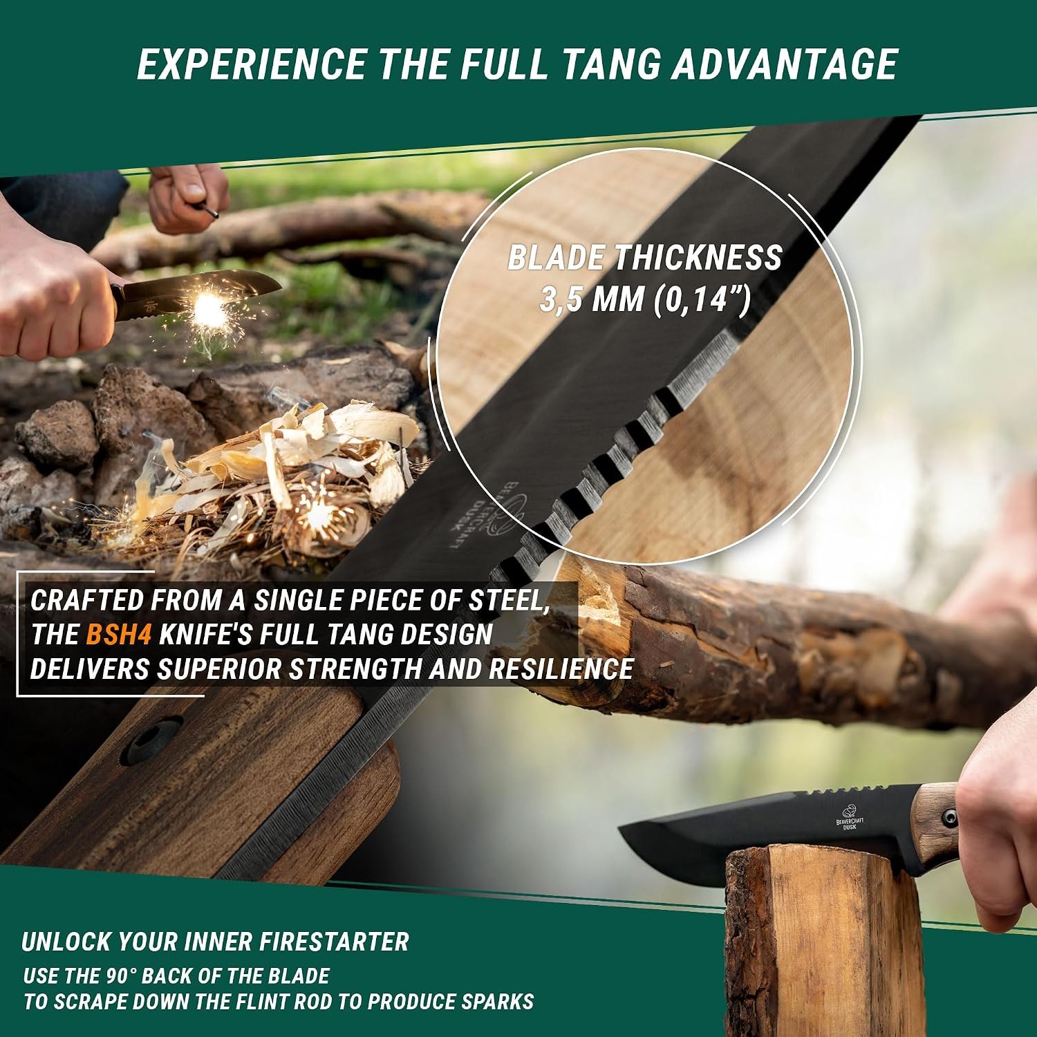Bushcraft Full Tang Knife 9.8" Leather Sheath Fire Starter Bushcraft Tools