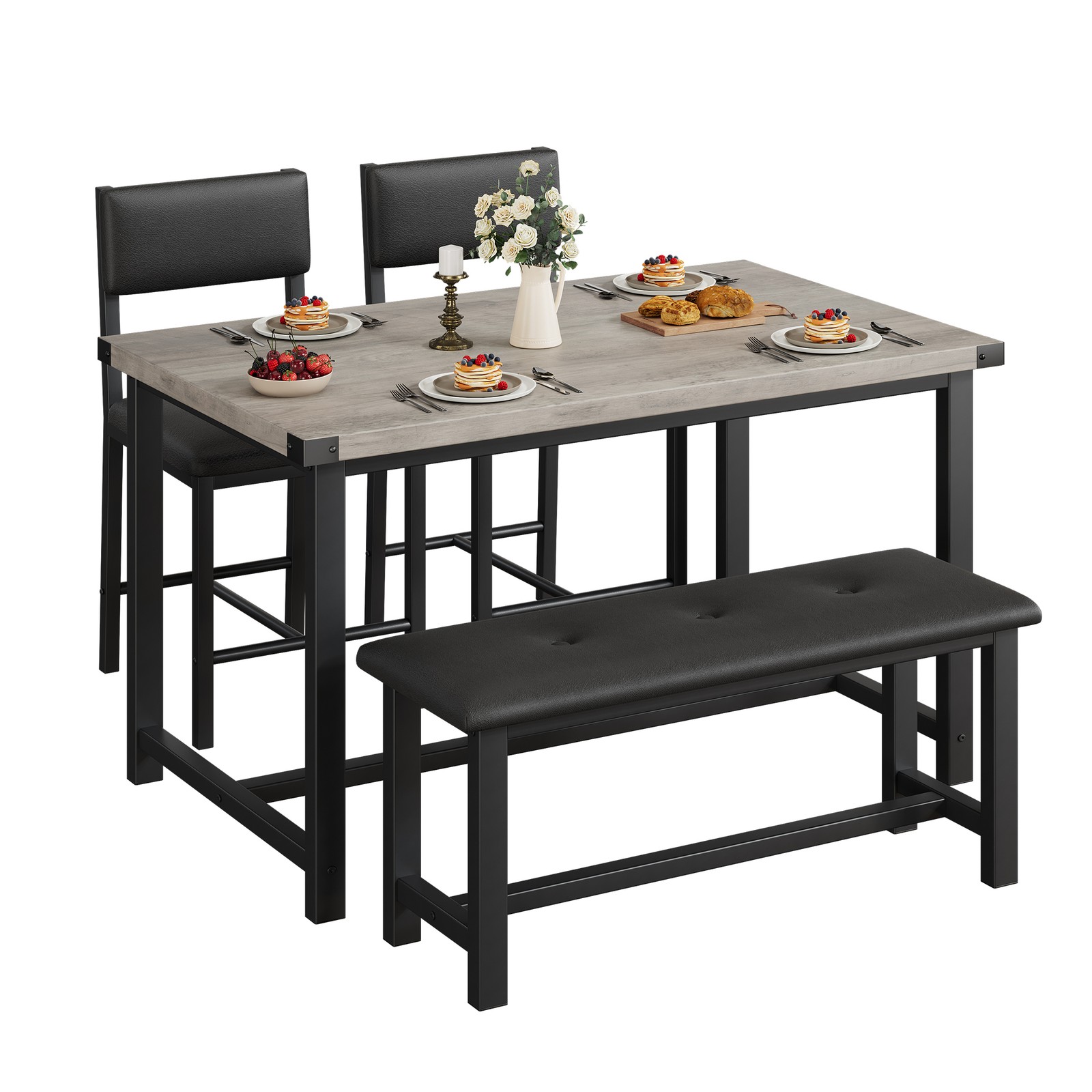 4-Piece Space-Saving Dining Sets Rectangular Kitchen Table with Bench & 2 Chairs