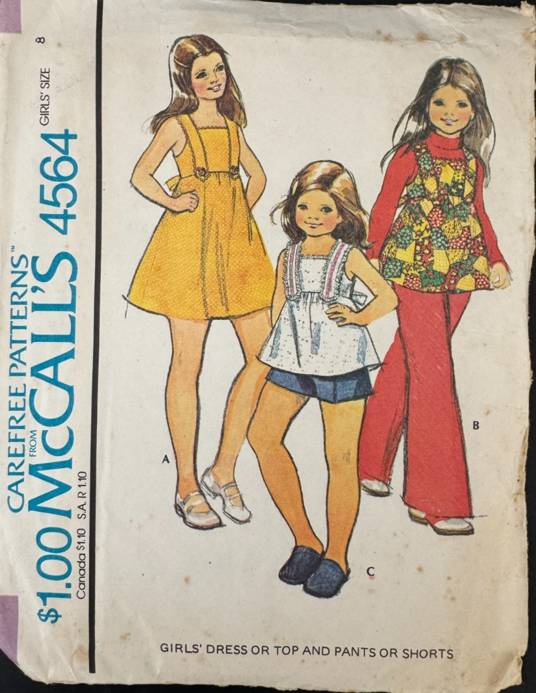 4564 McCall's Girls Sewing Pattern 1970s TOP SHIRT PANTS SHORTS Size 8