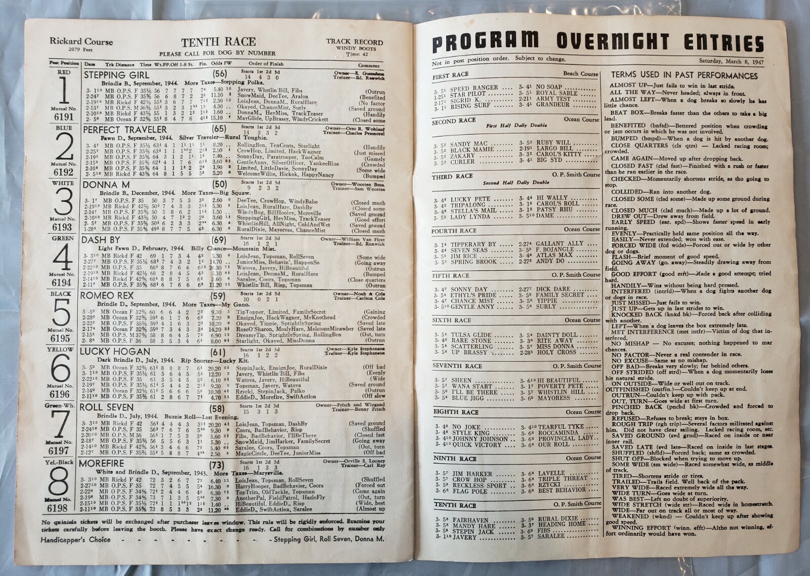 Vintage Miami Beach Dog Racing Program from March 7, 1947