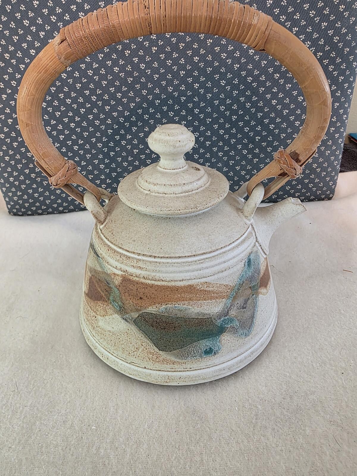 Studio Pottery Ceramic Teapot Bamboo Handle Signed Earth Tone Decor