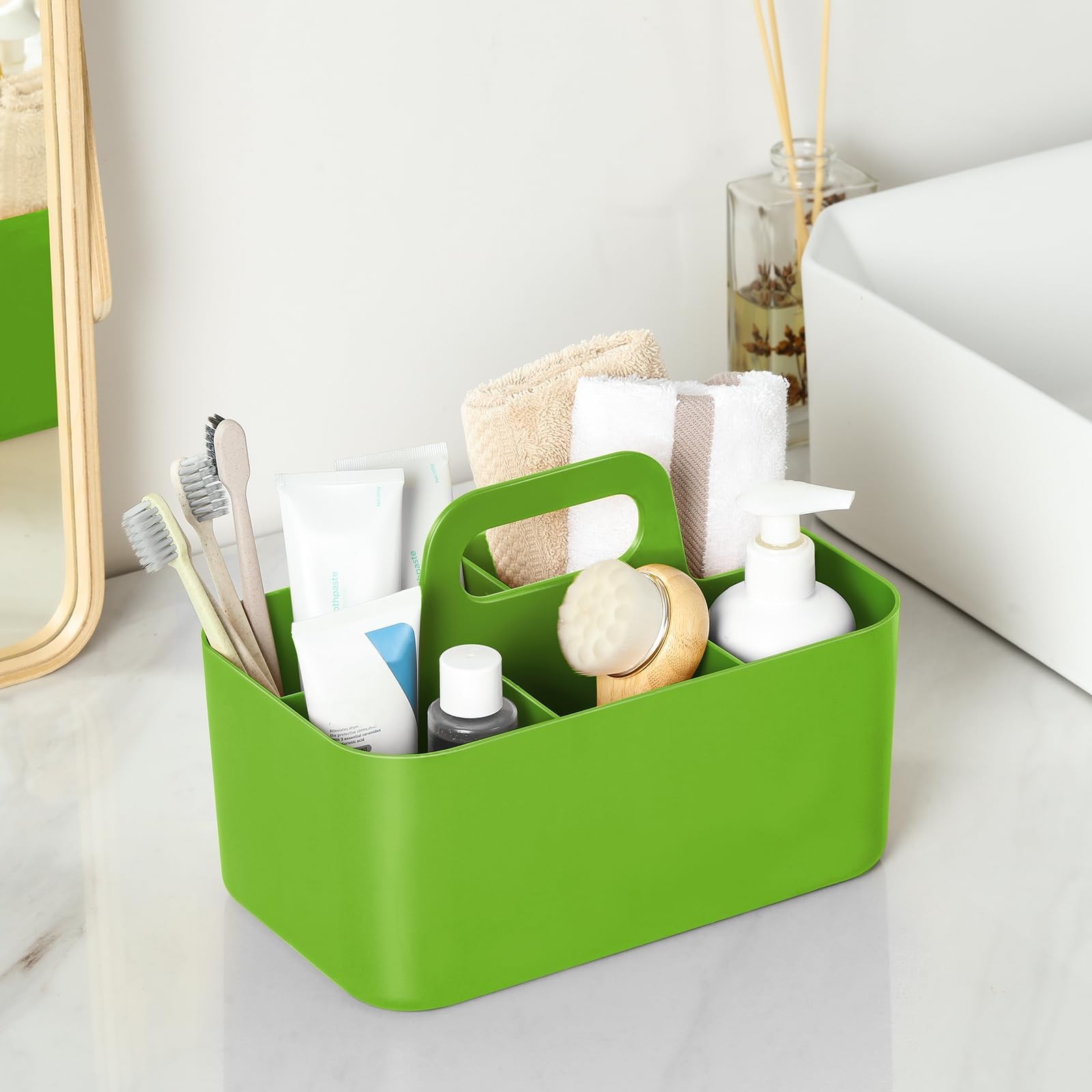 Multiuse Caddy Organizer with Handle, Portable Divided Plastic Tote Bin Green