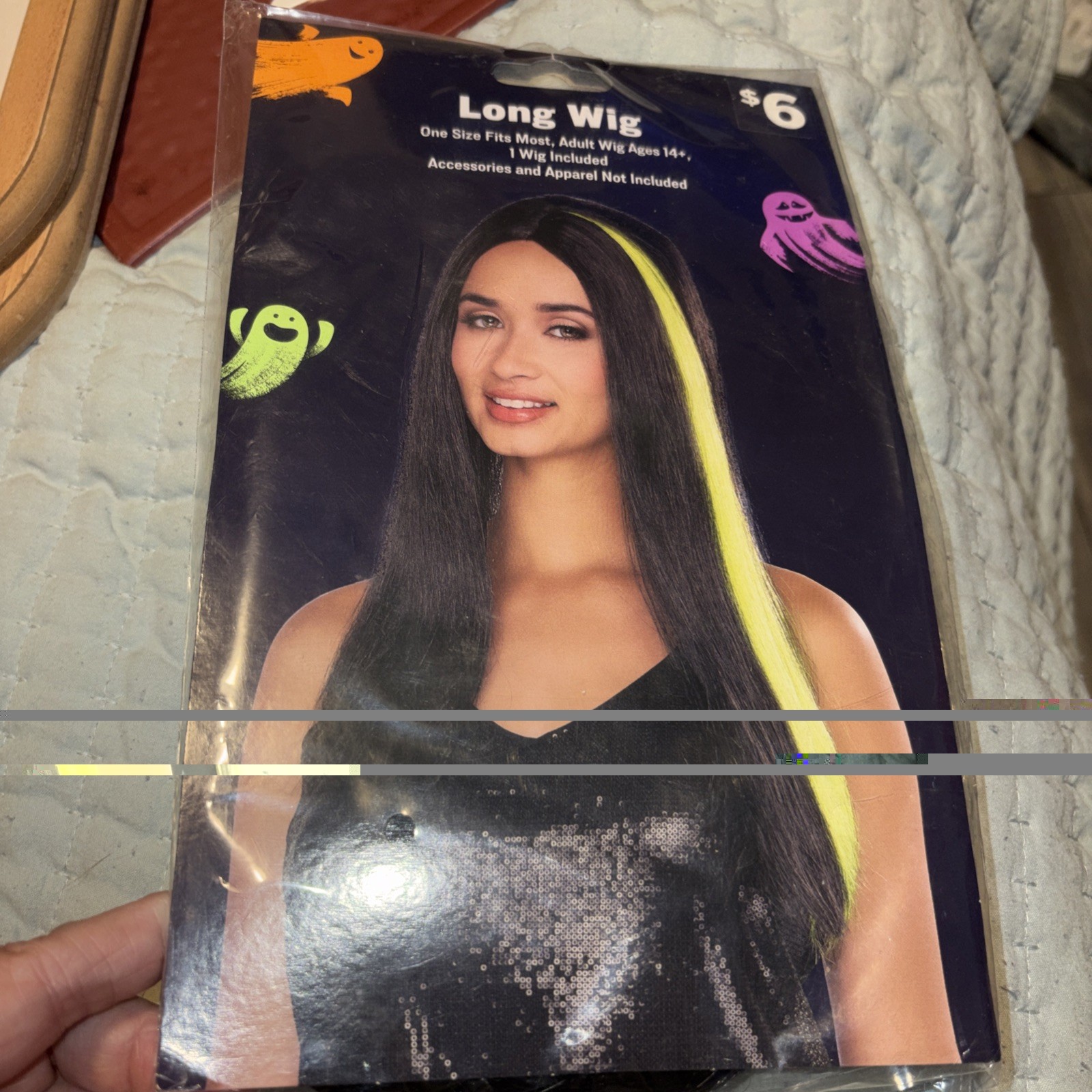Wig Halloween Long Wig. One Size Fits Most Adult Ages 14+ Black W Yellow Streaks