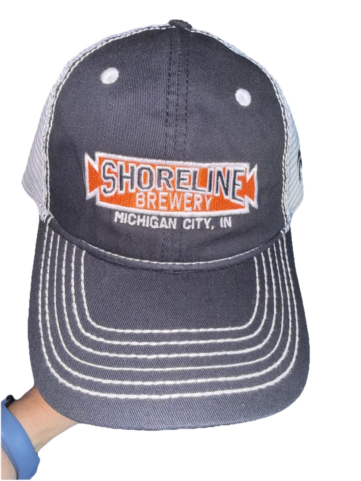 Shoreline Brewery Michigan City IN Orange White w Navy Trucker Hat Cap WhiteNWOT