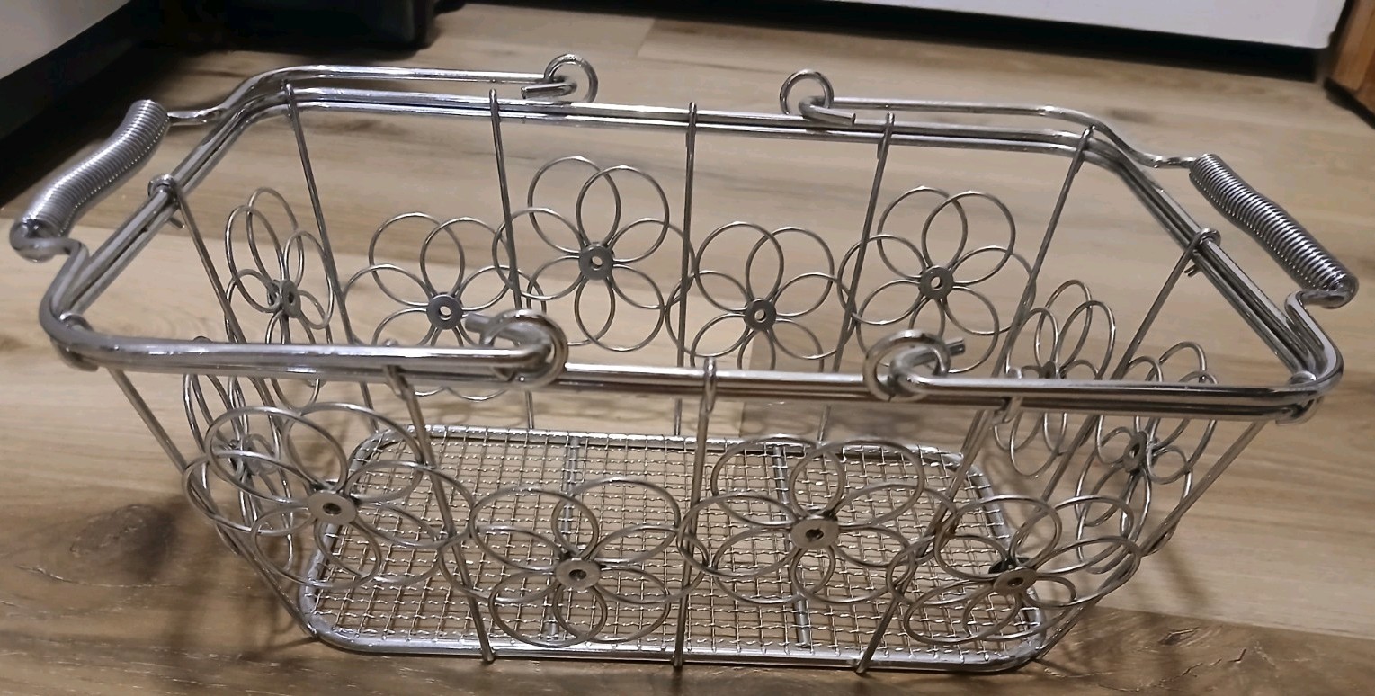 Rectangular Silver Metal Wire Basket with Handles Floral Design
