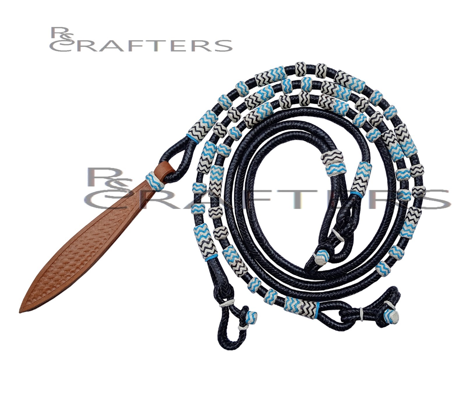 Black Rope Sky Blue Knots Raw Hide Leather Horse Tack Show Romal Romel Reins 327