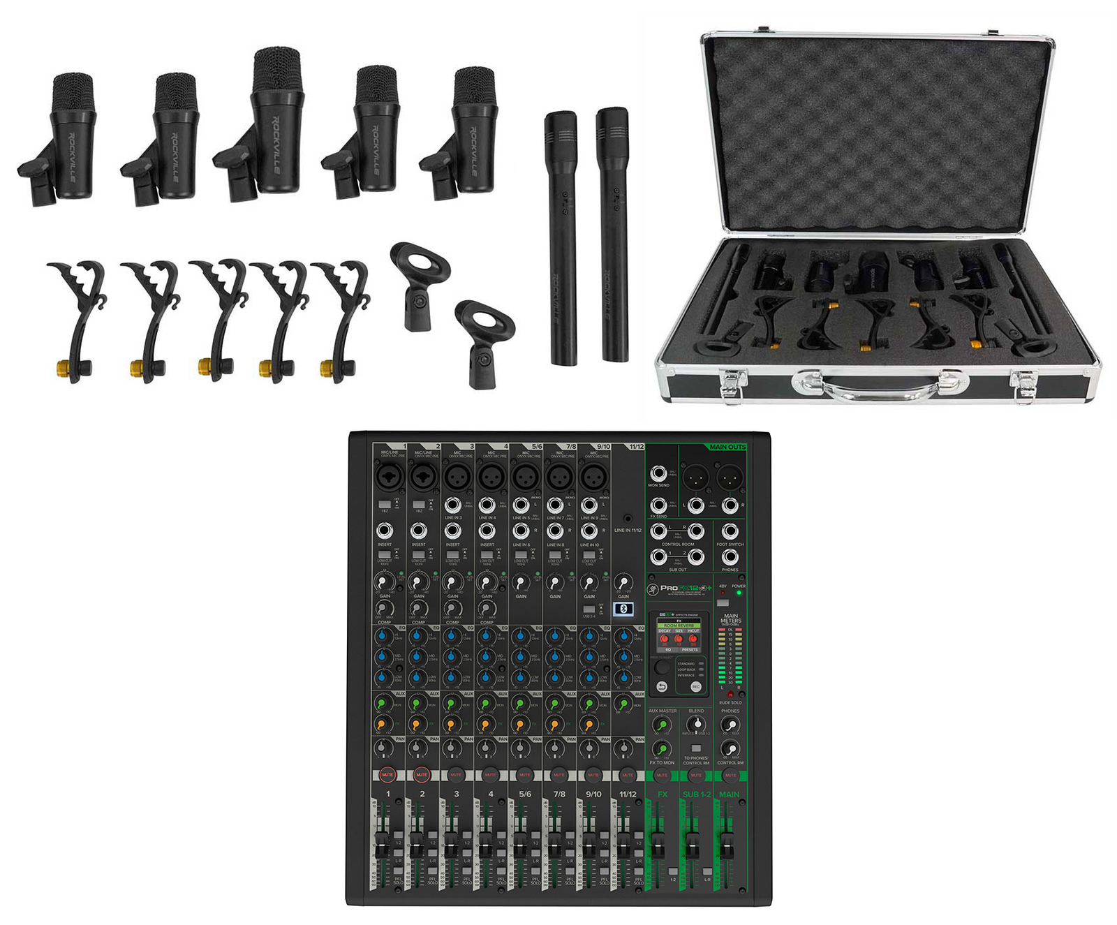 Mackie ProFX12v3+ 12-Ch. Effects Mixer w/USB+7 Piece Drum Mic Kit ProFX12 v3+