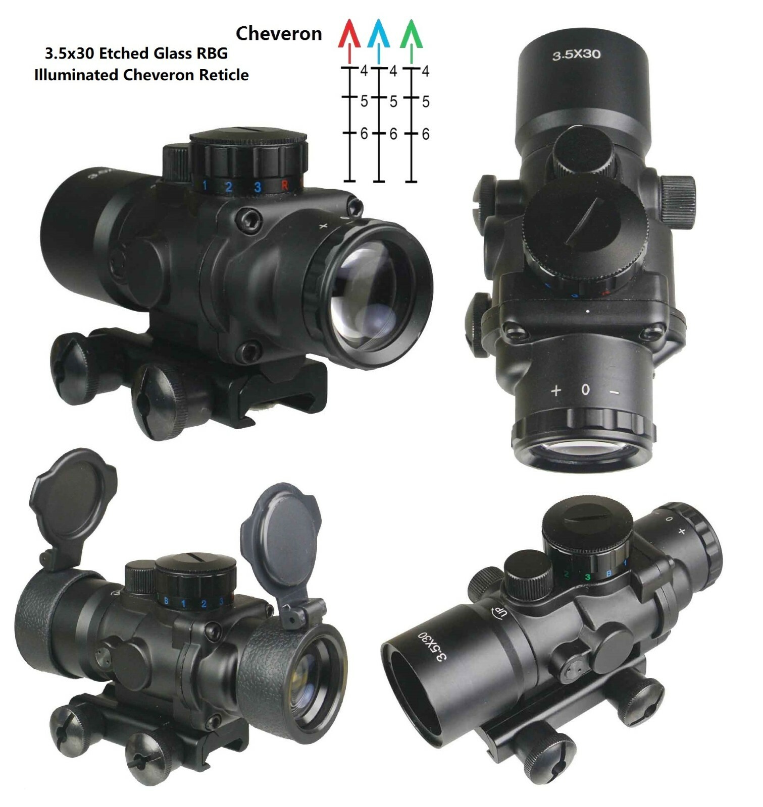 3.5X30 Compact Prism Scope, Red Blue and Green Illu. Cheveron Etched Glass