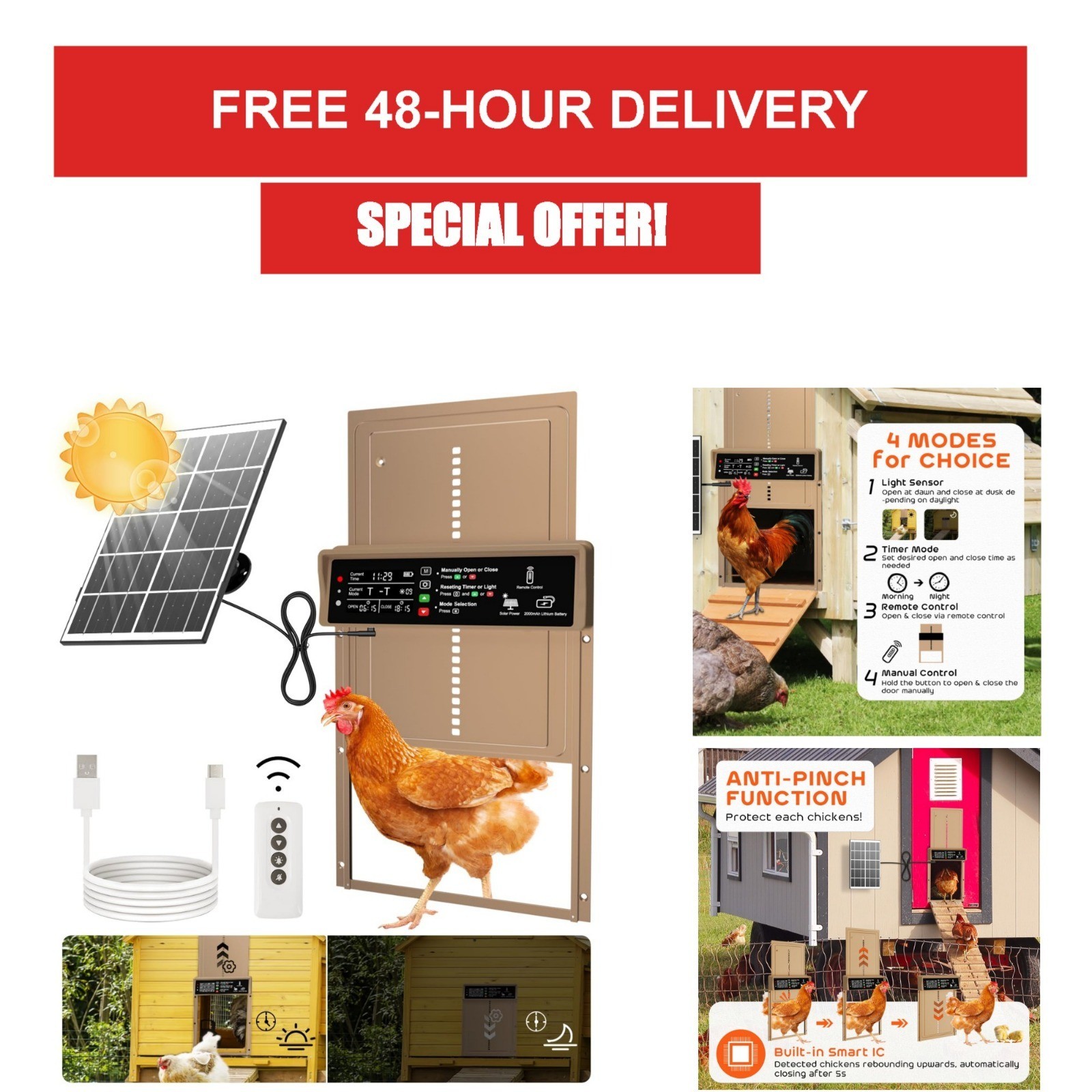 AsFrost Automatic Chicken Coop Door Solar Powered Timer & Light Sensor