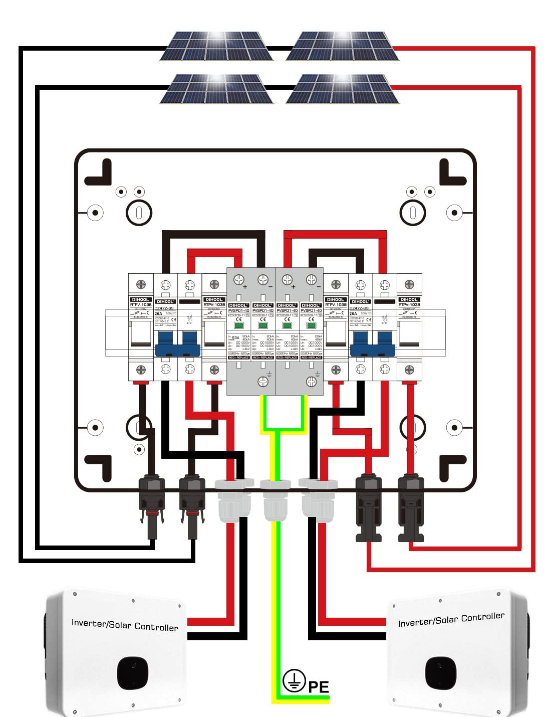 Dihool Pv Solar Combiner For Solar Panels 2 String 25 Amp Junction Dc500V 25A 2