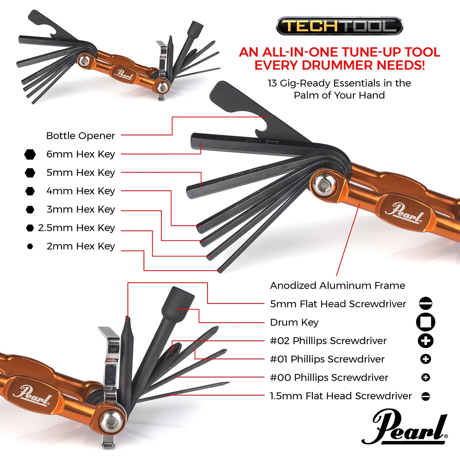 Pearl Tech Tool Combination Drum Key And Drum Set Multi-Tool Five Screwdrivers