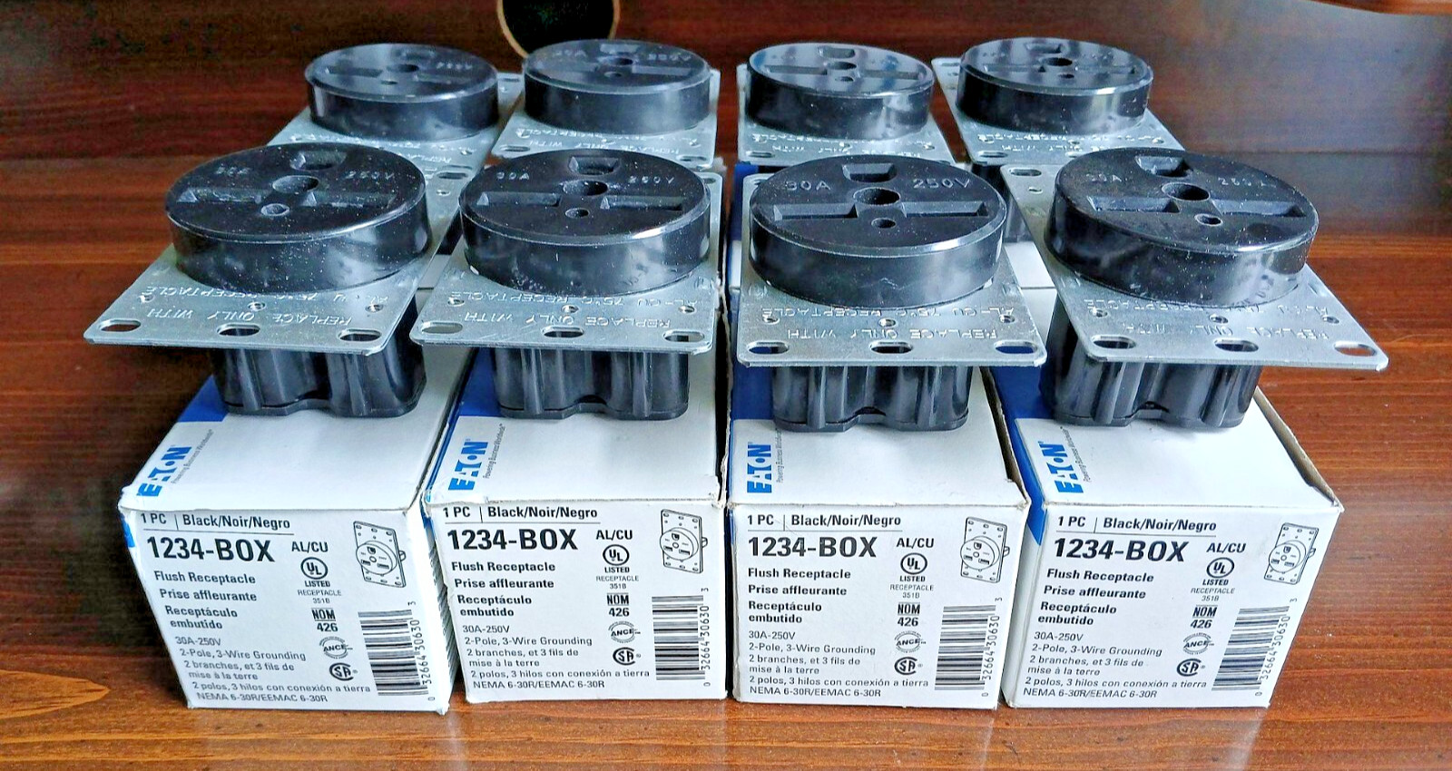 Lot of 8 EATON Flush Mount 2 - Pole Receptacles 30 Amp, 250 Volts - New