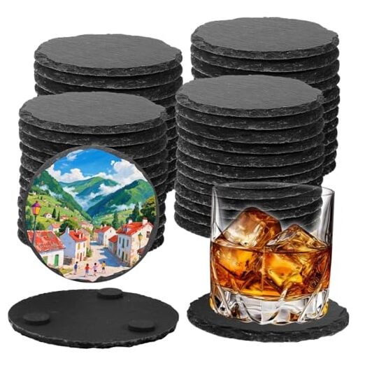 48 PCS Black Natural Slate Coasters Bulk Set 4 Inch Laser 48 Round Coasters