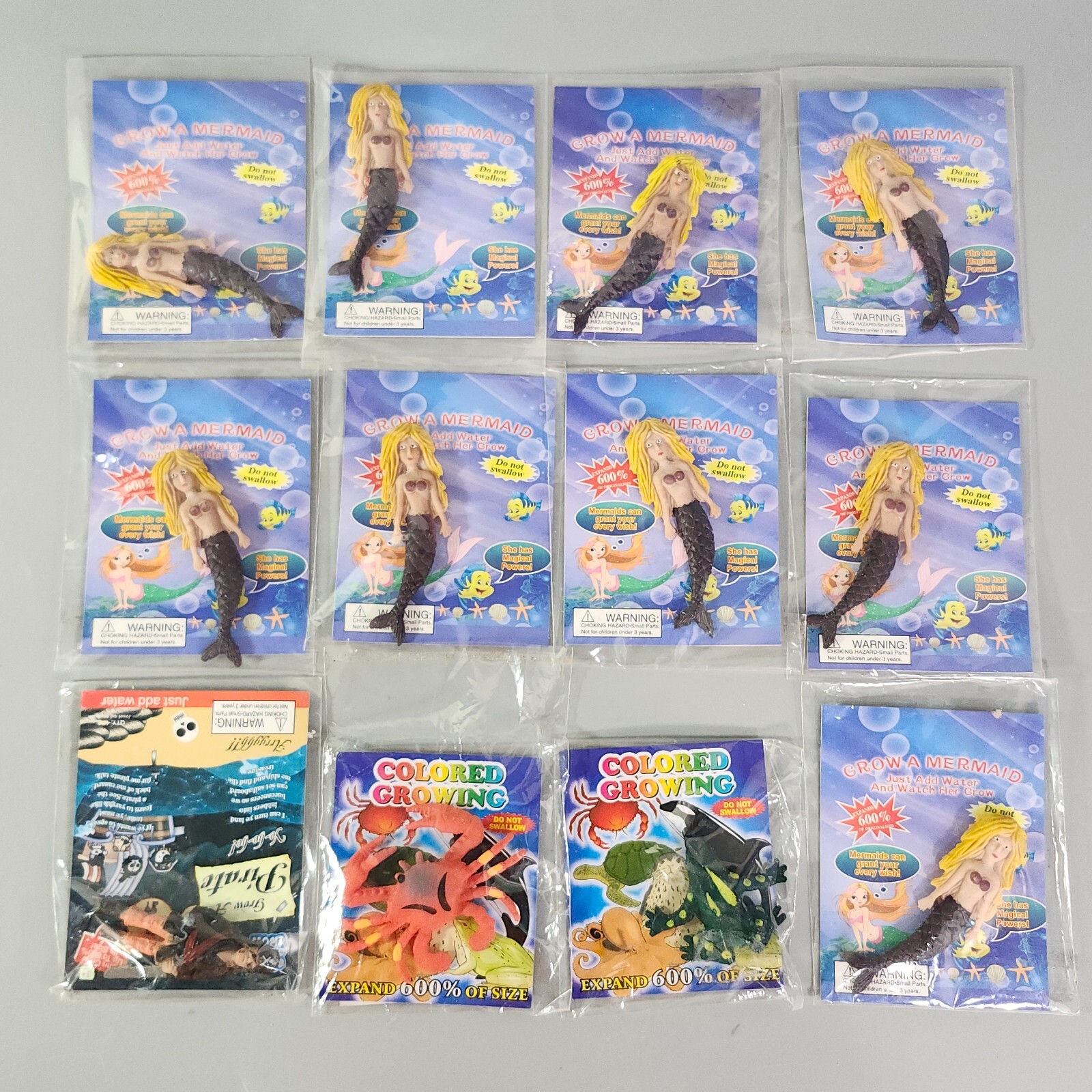 Grow a Mermaid Pirate Frog Crab Water Soak Growing Novelty Party Toy Lot of 12